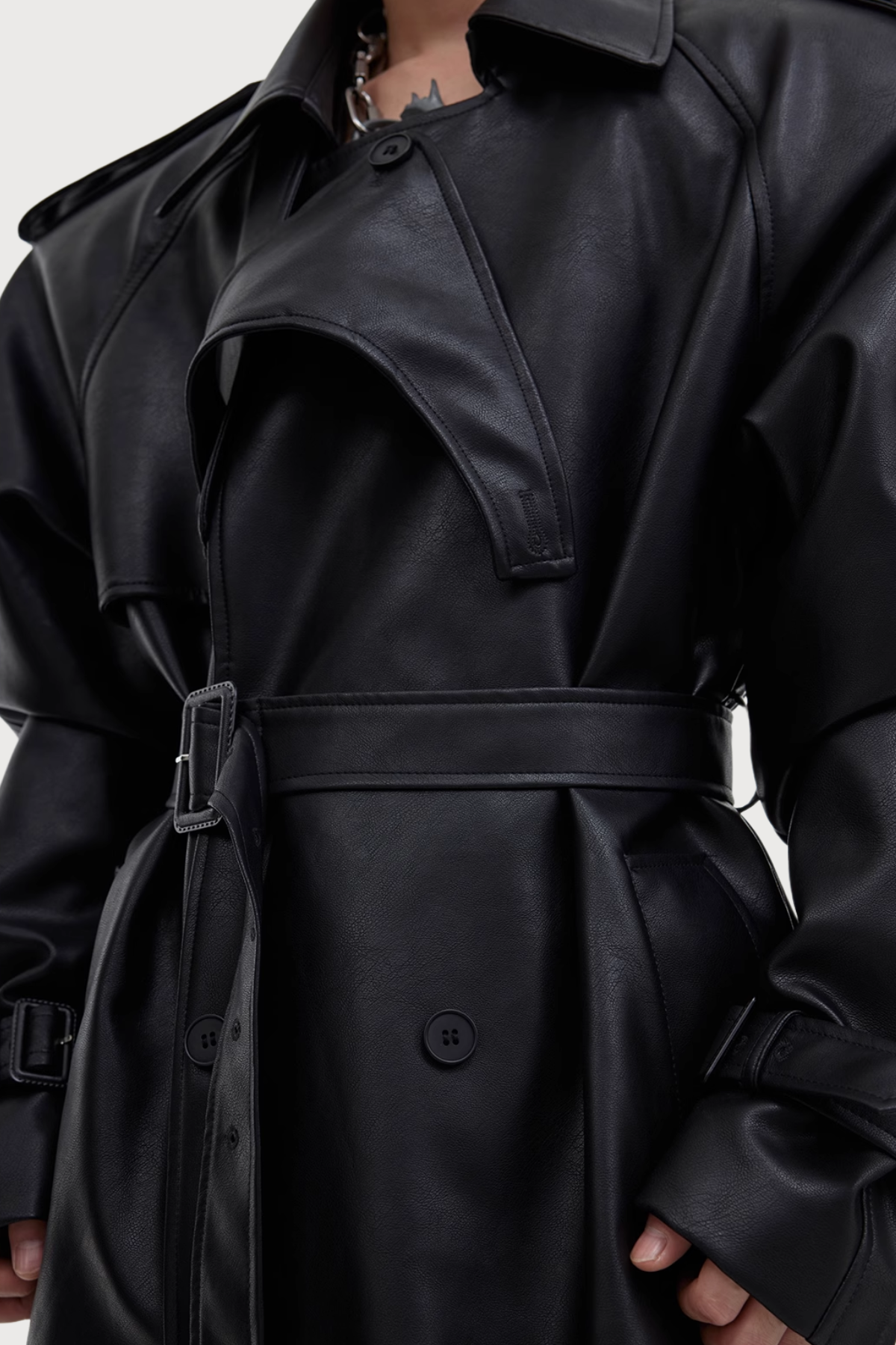 Shadow Trim Leather Long Sleeve Coat