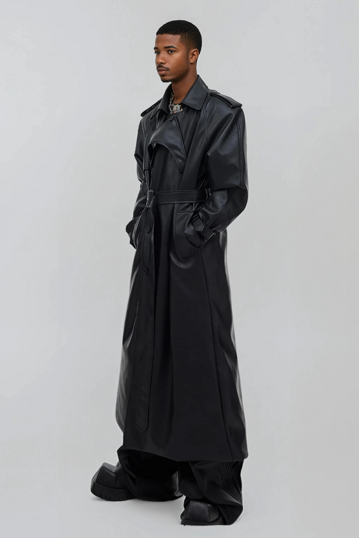 Shadow Trim Leather Long Sleeve Coat