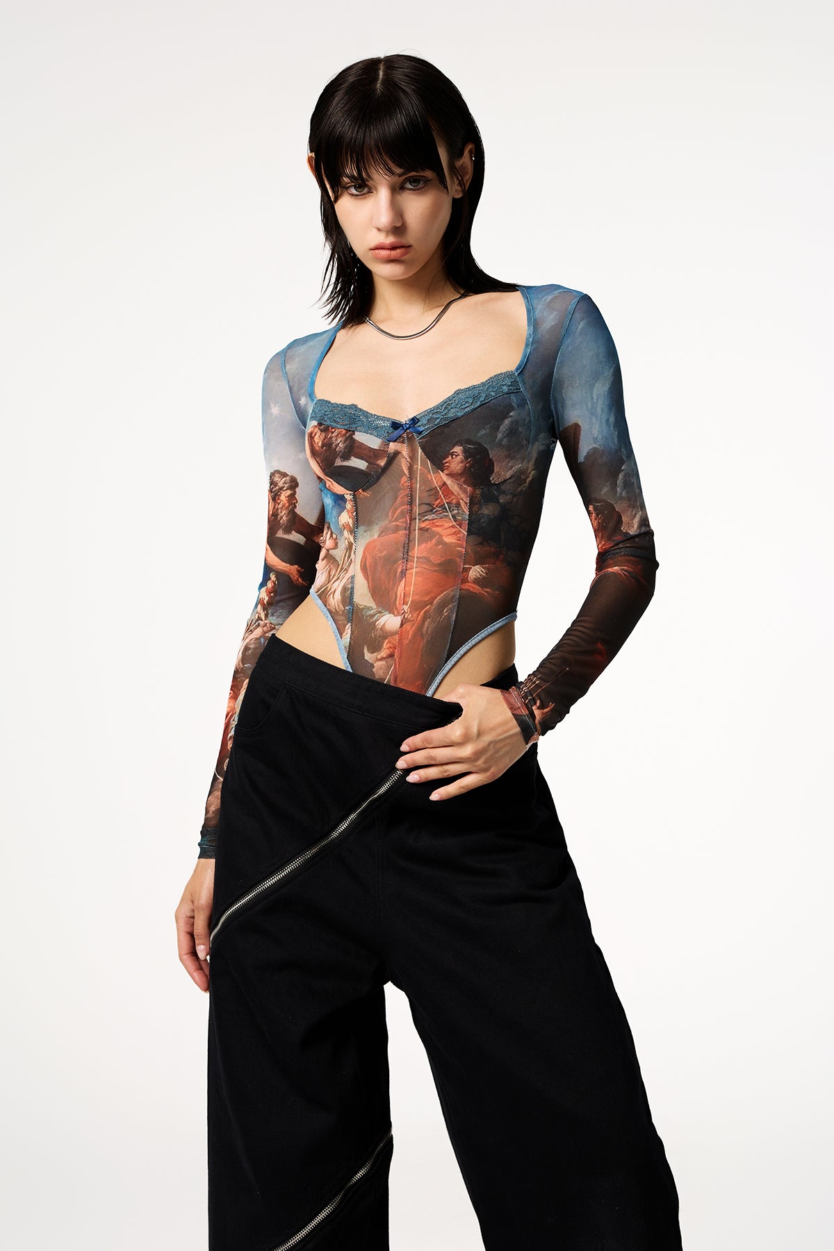 Sharp Heaven Printed Long Sleeve Plunge Bodysuit