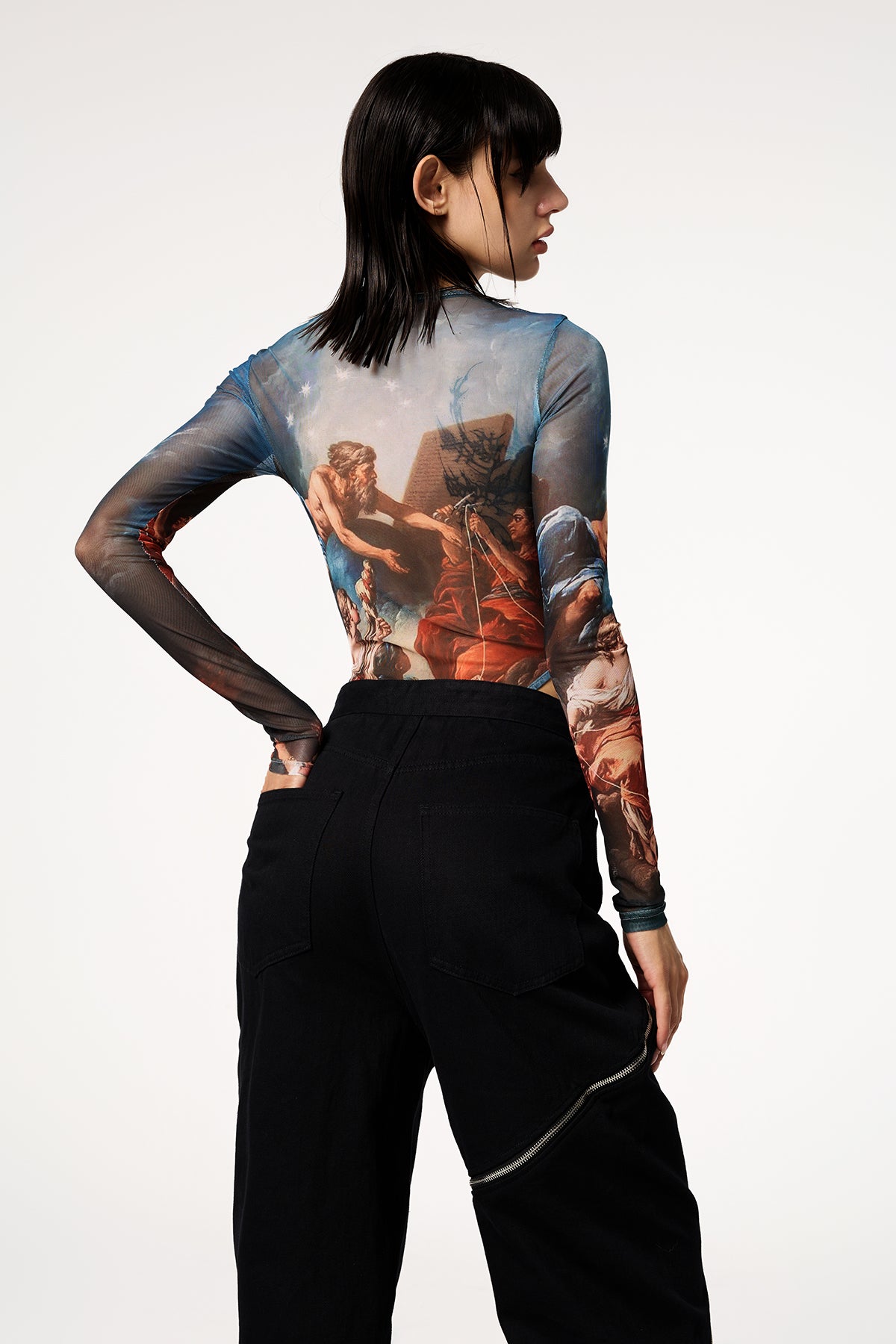 Sharp Heaven Printed Long Sleeve Plunge Bodysuit