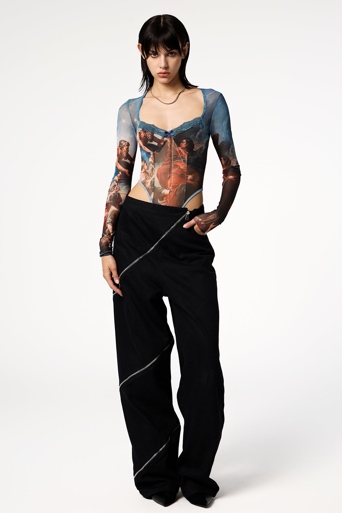 Sharp Heaven Printed Long Sleeve Plunge Bodysuit