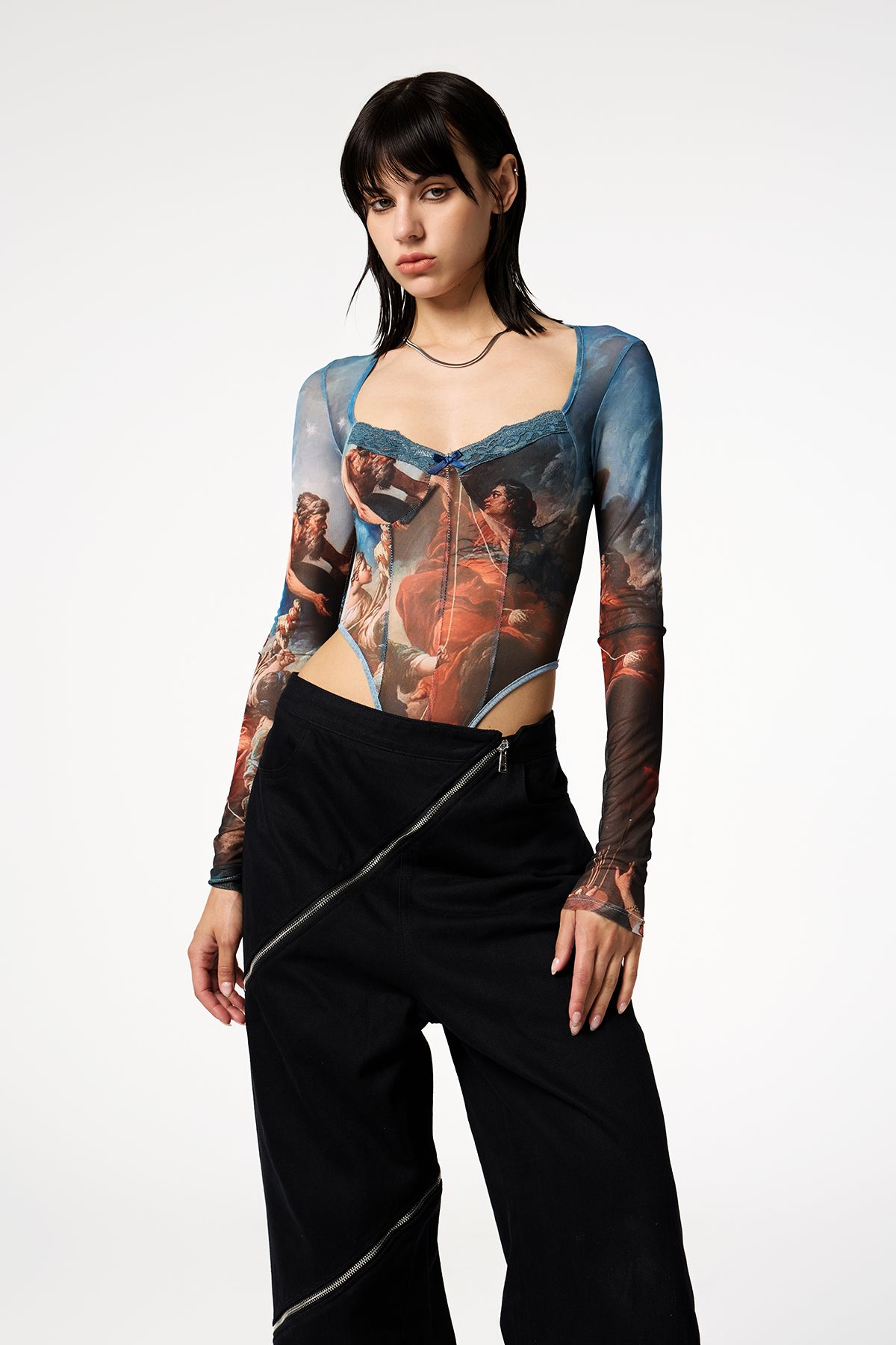 Sharp Heaven Printed Long Sleeve Plunge Bodysuit