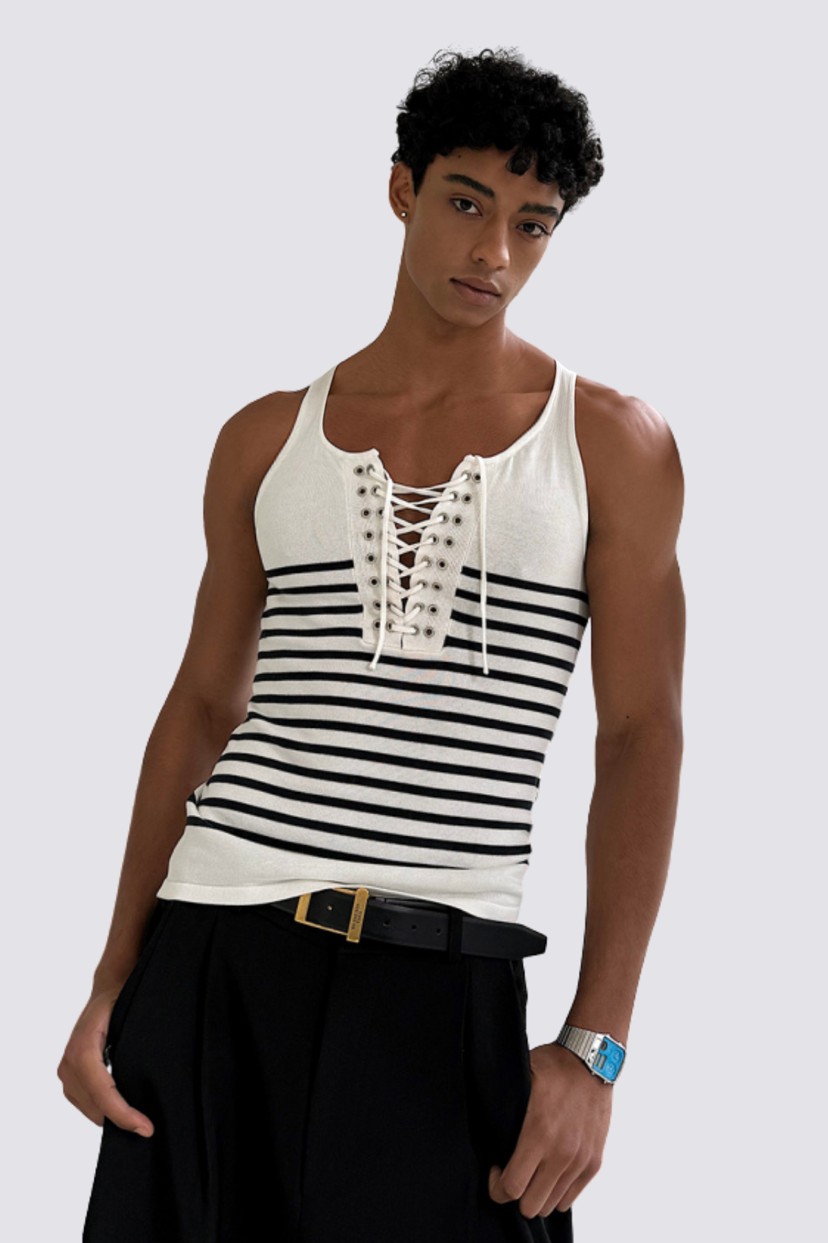 Sharp Reveal Lace Up Stripe Mouwloze Top