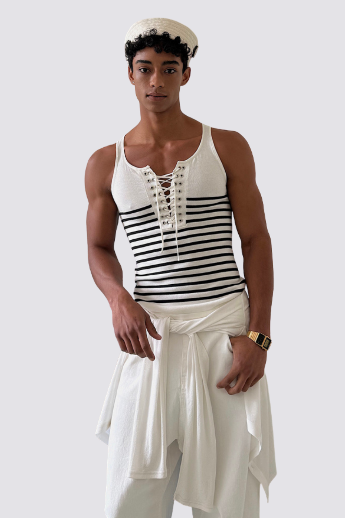 Sharp Reveal Lace Up Stripe Sleeveless Top
