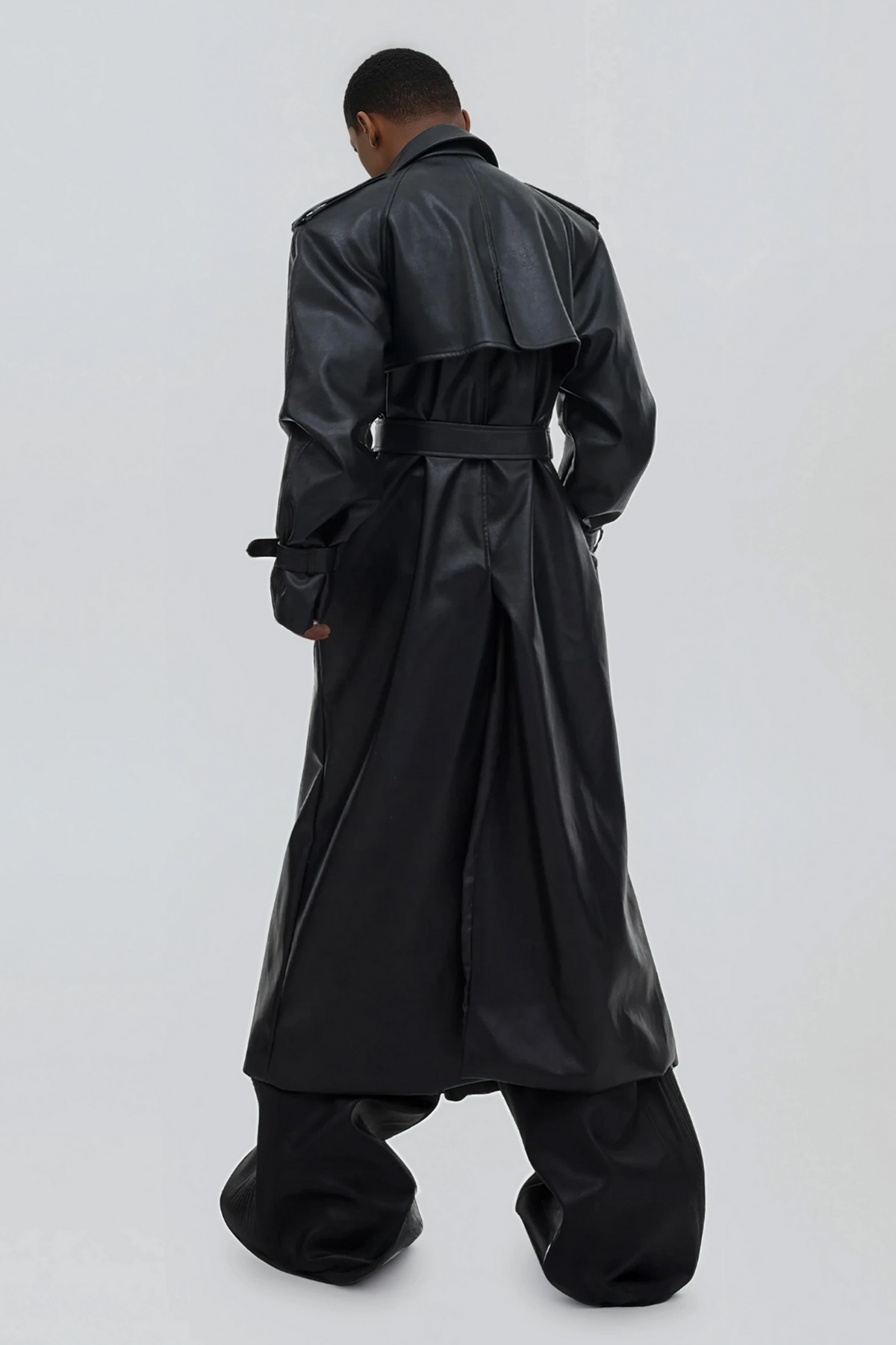 Shadow Trim Leather Long Sleeve Coat