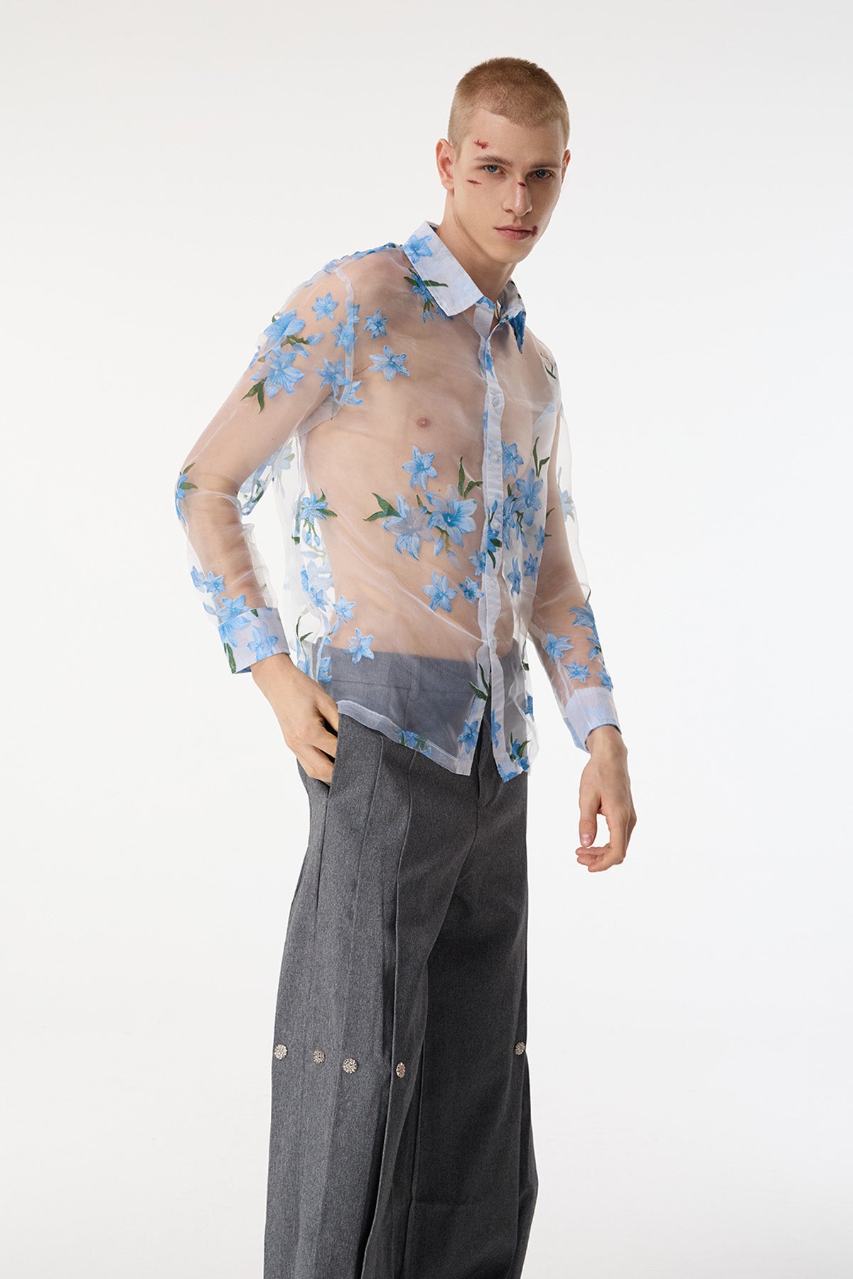 Sheer Contrast Floral Print Shirts