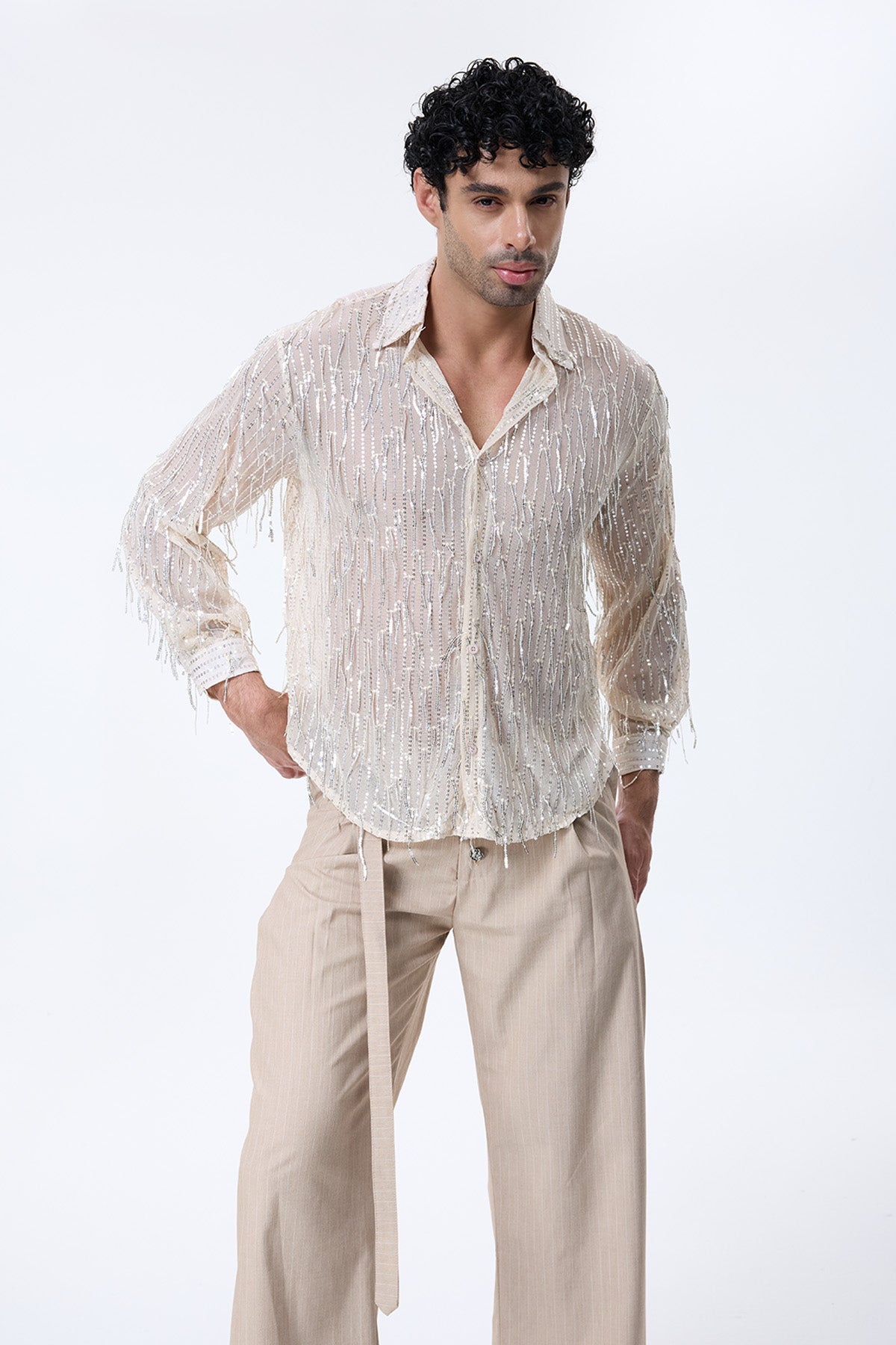 Shine Beam Fringe Sequin Long Sleeve Shirt