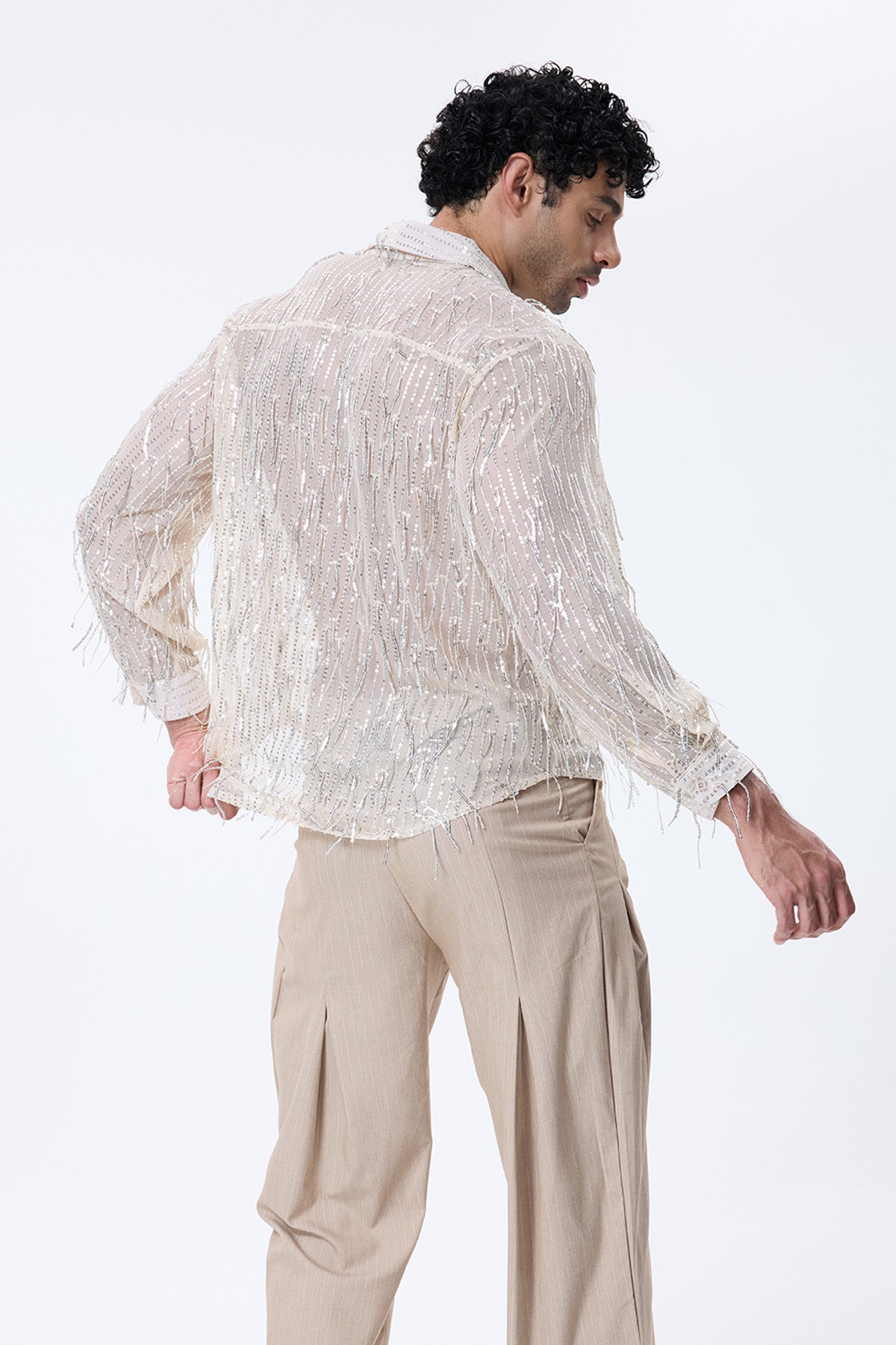 Shine Beam Fringe Sequin Long Sleeve Shirt