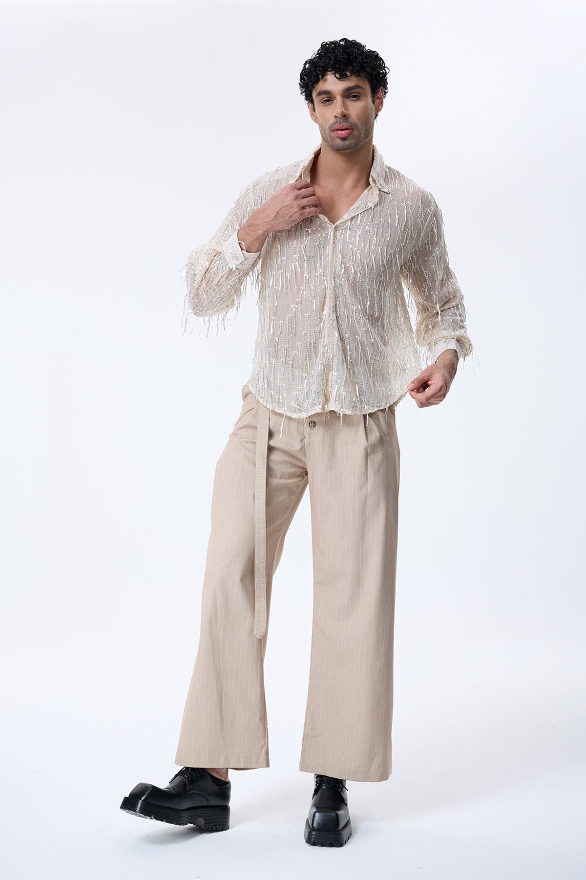 Shine Beam Fringe Sequin Long Sleeve Shirt
