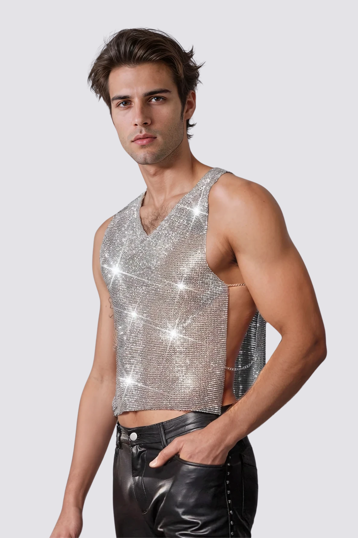 Shine Burst Cutout Rhinestone Mesh Sleeveless Top