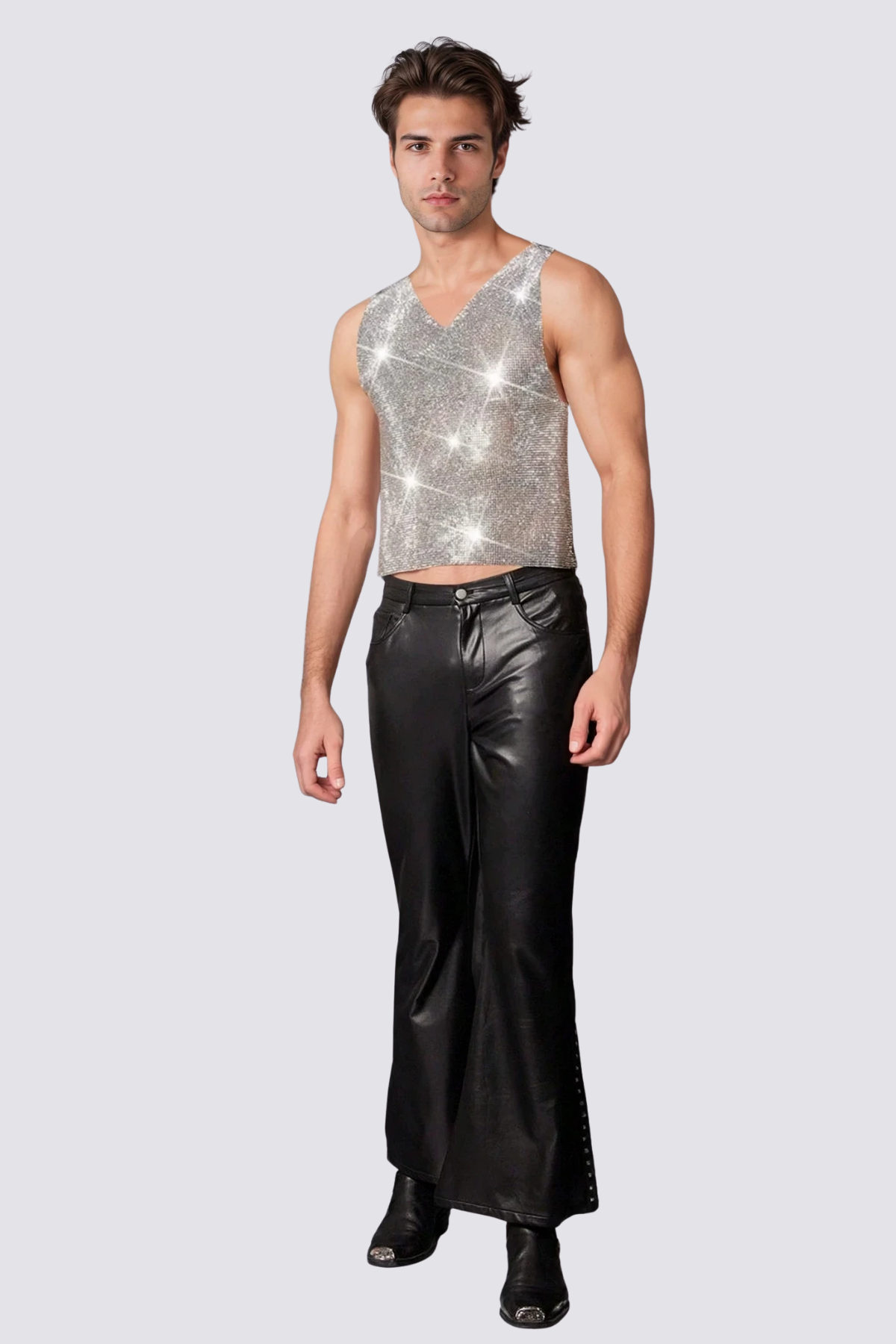 Shine Burst Cutout Rhinestone Mesh Sleeveless Top
