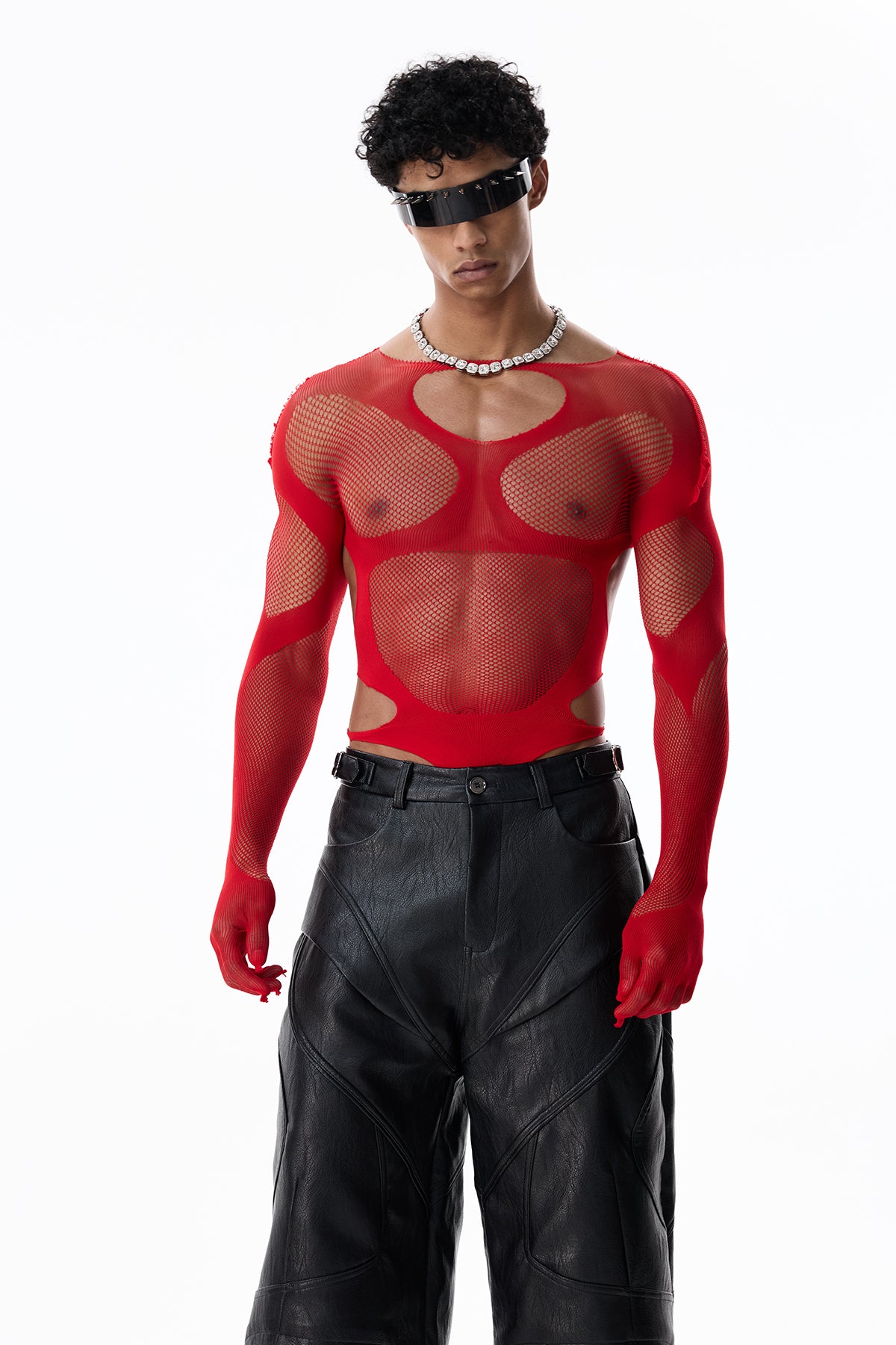 Silent Frame Cutout Long Sleeve Bodysuit Red