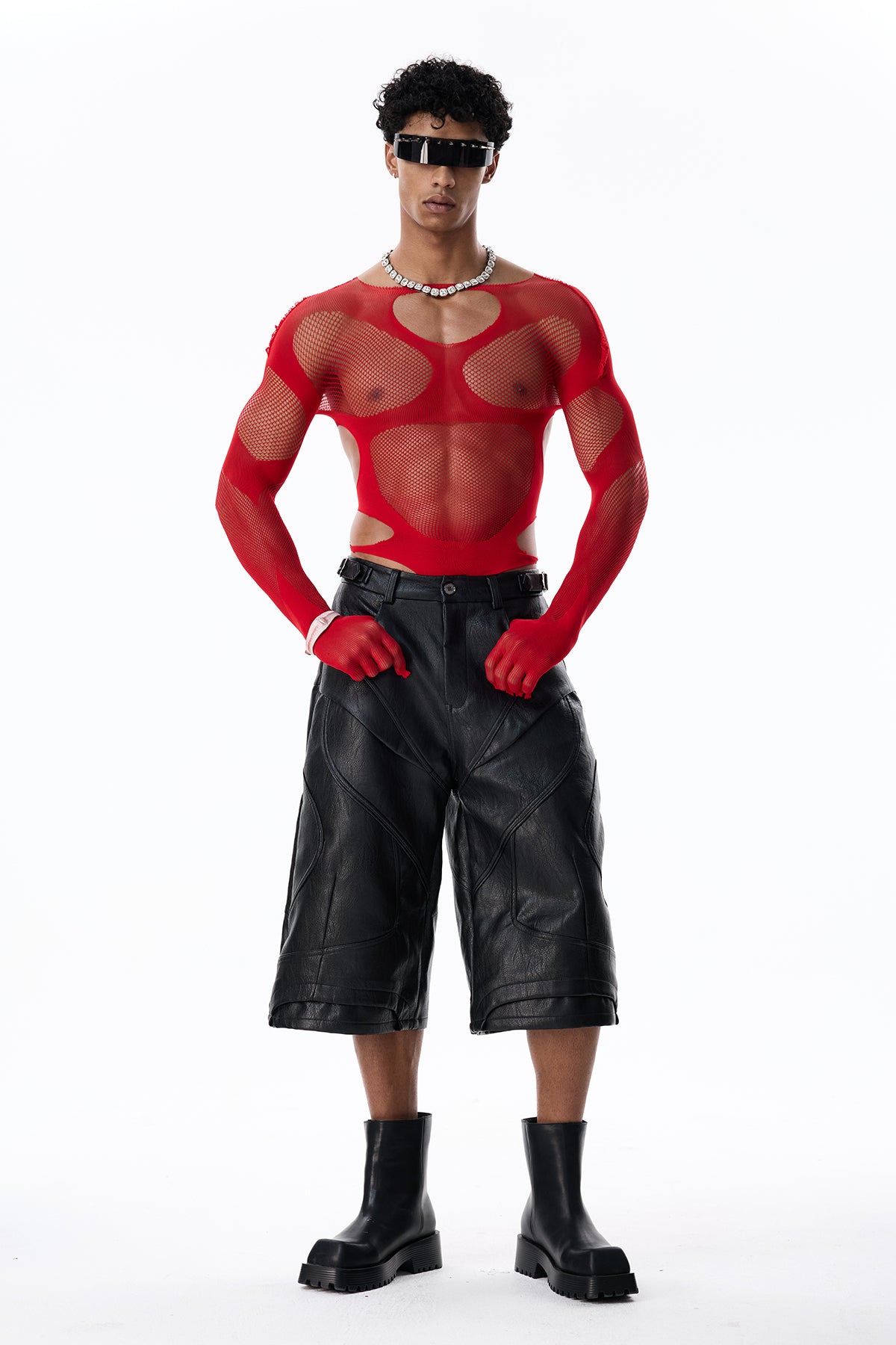 Silent Frame Cutout Long Sleeve Bodysuit Red