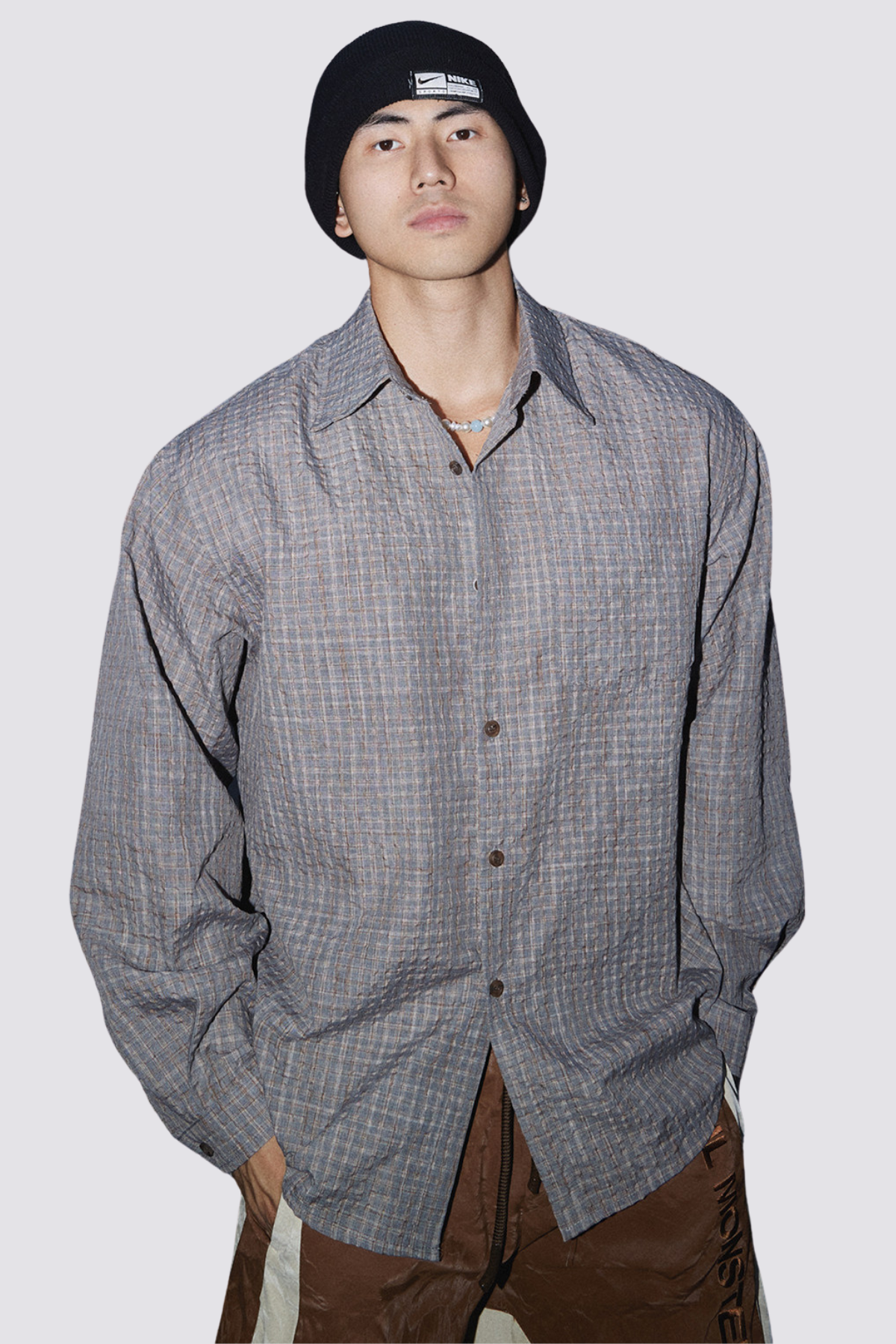 Silent Layer Long Sleeve Plaid Shirt Grey