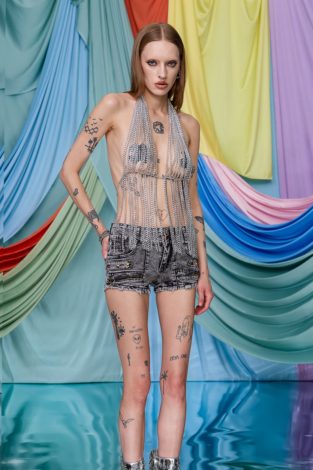 Silver Frame Fringe Halter Chain Top
