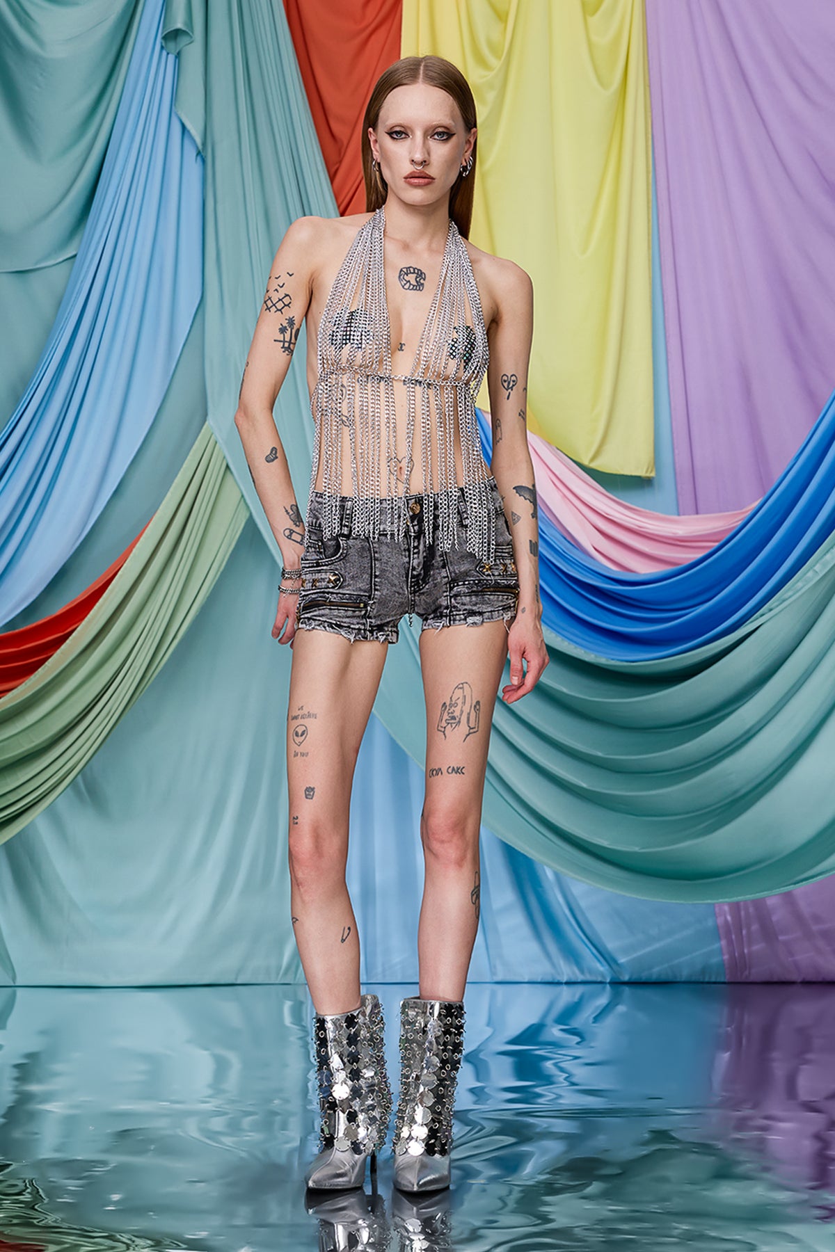 Silver Frame Fringe Halter Chain Top