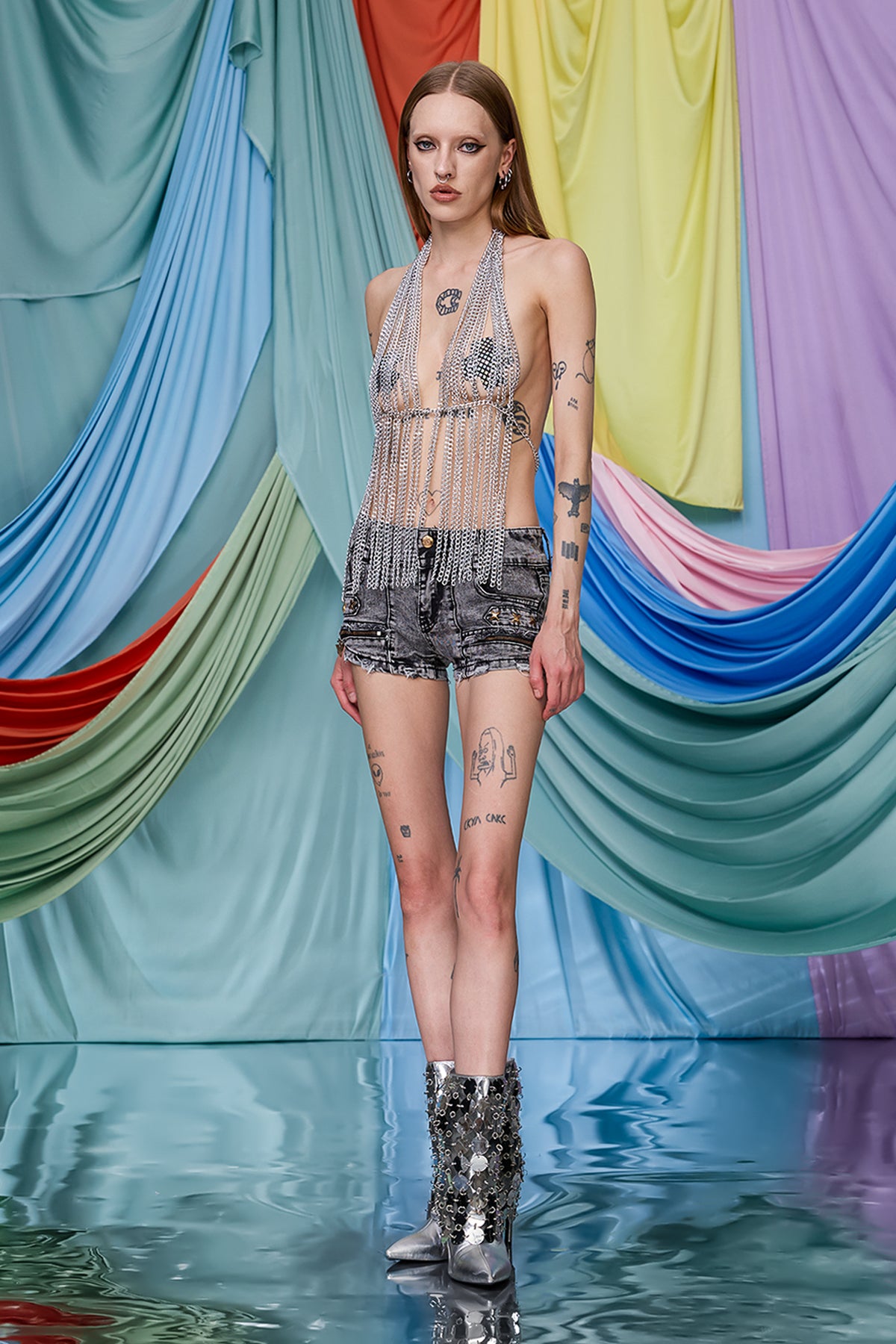 Silver Frame Fringe Halter Chain Top