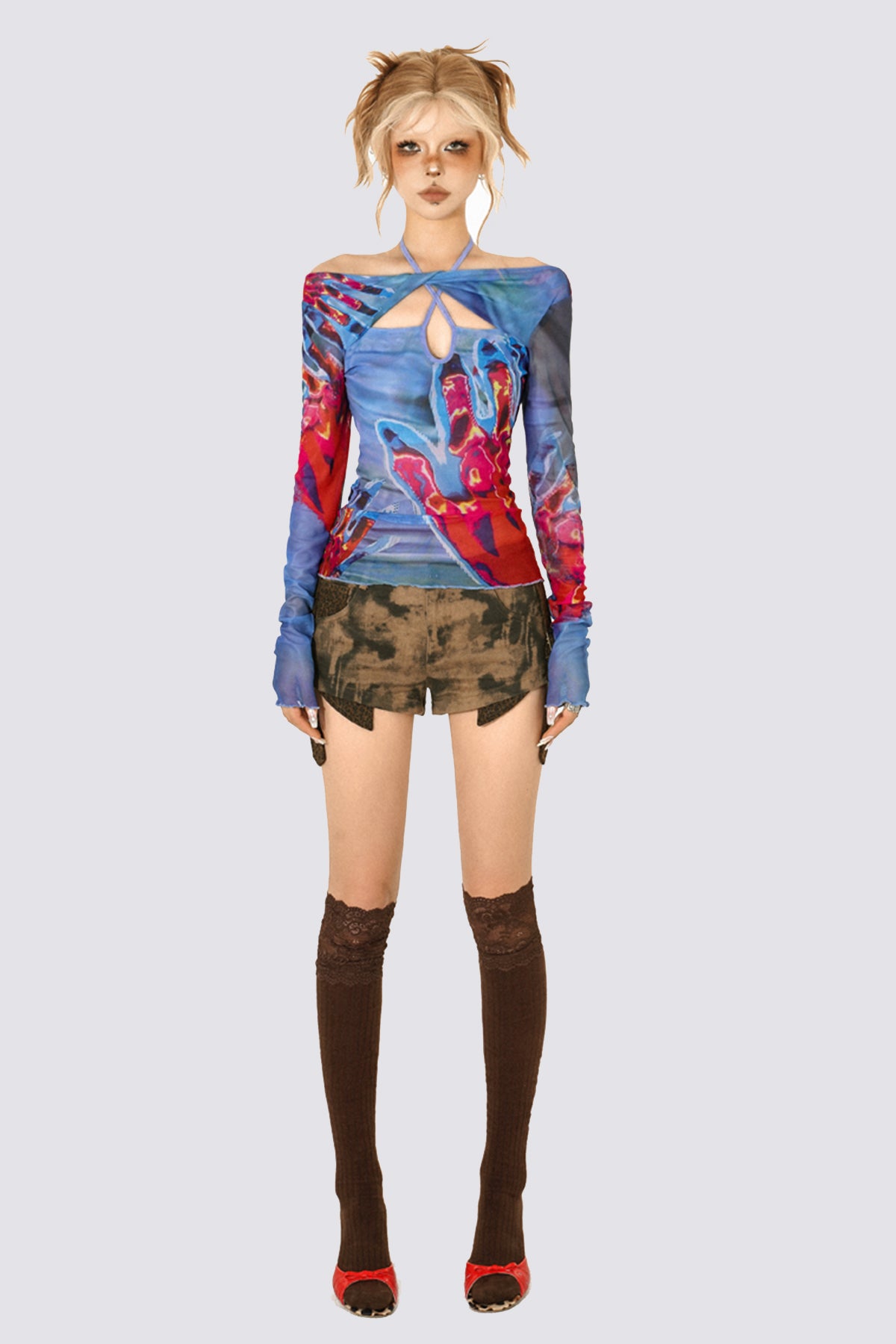 Smooth Back Print Cutout Long Sleeve Top