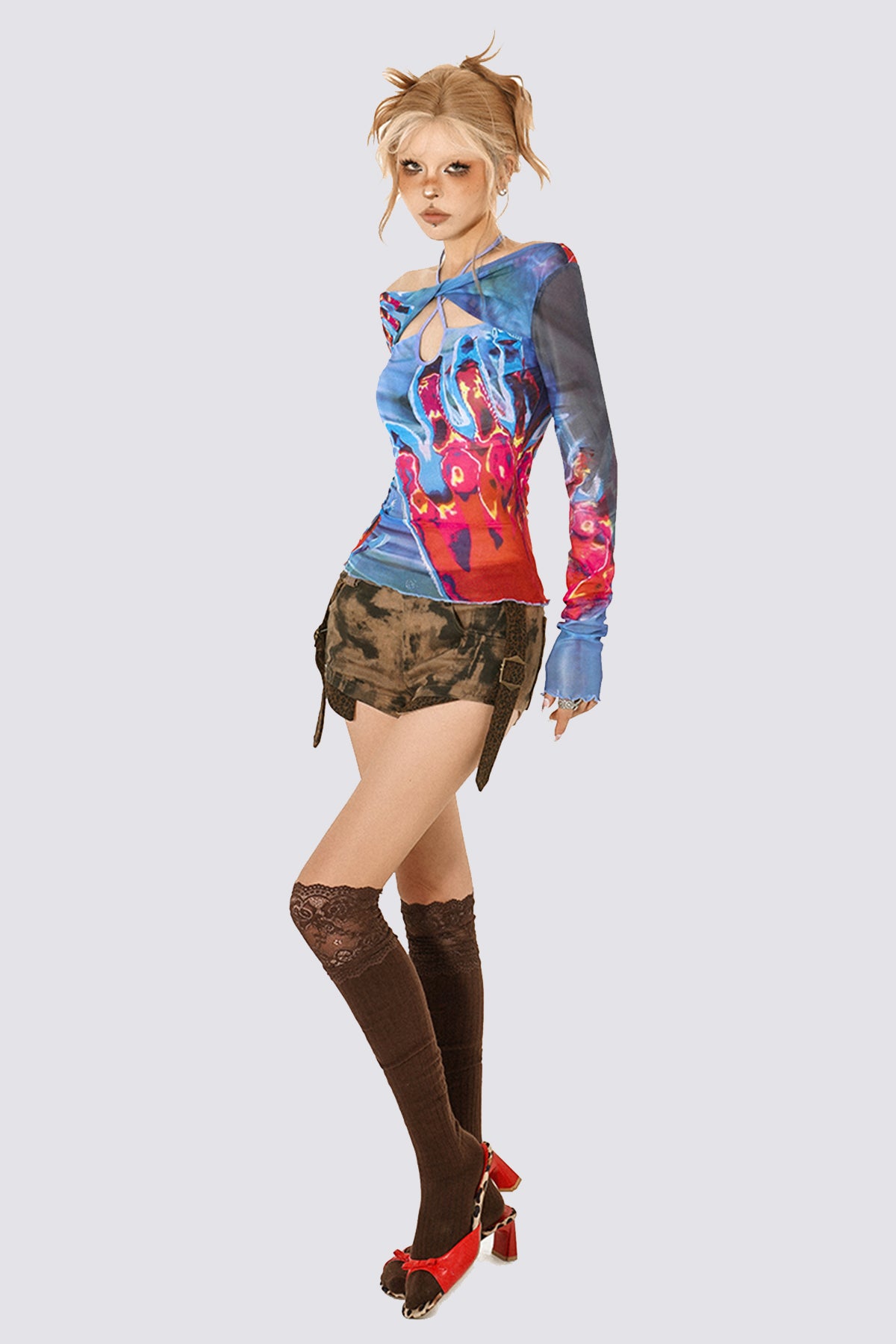 Smooth Back Print Cutout Long Sleeve Top