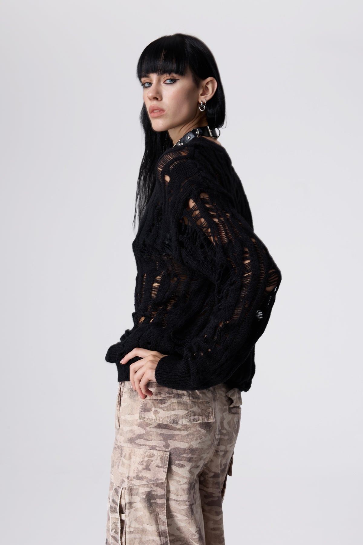 Snug Fit Cutout Knit Long Sleeve Top