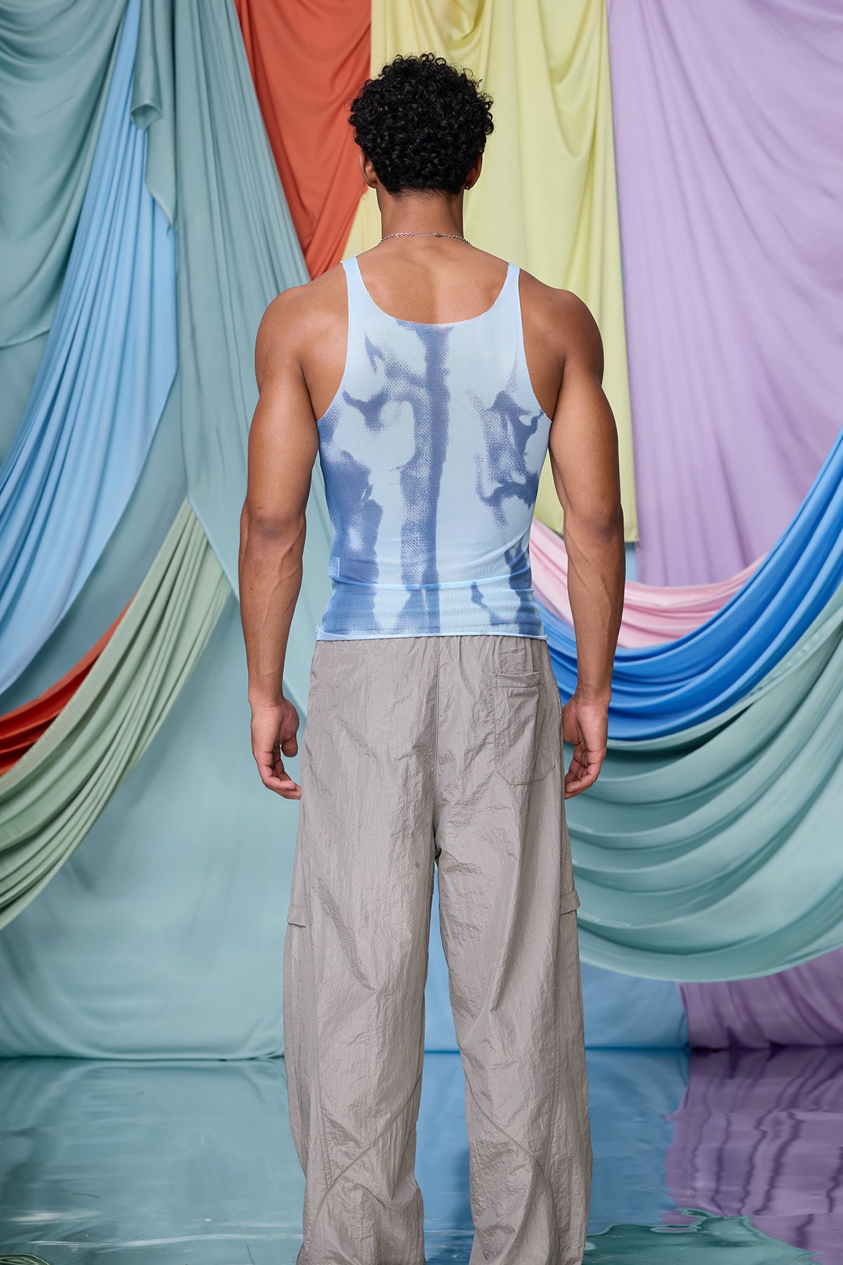 Soft Light Mesh Print Top Blue