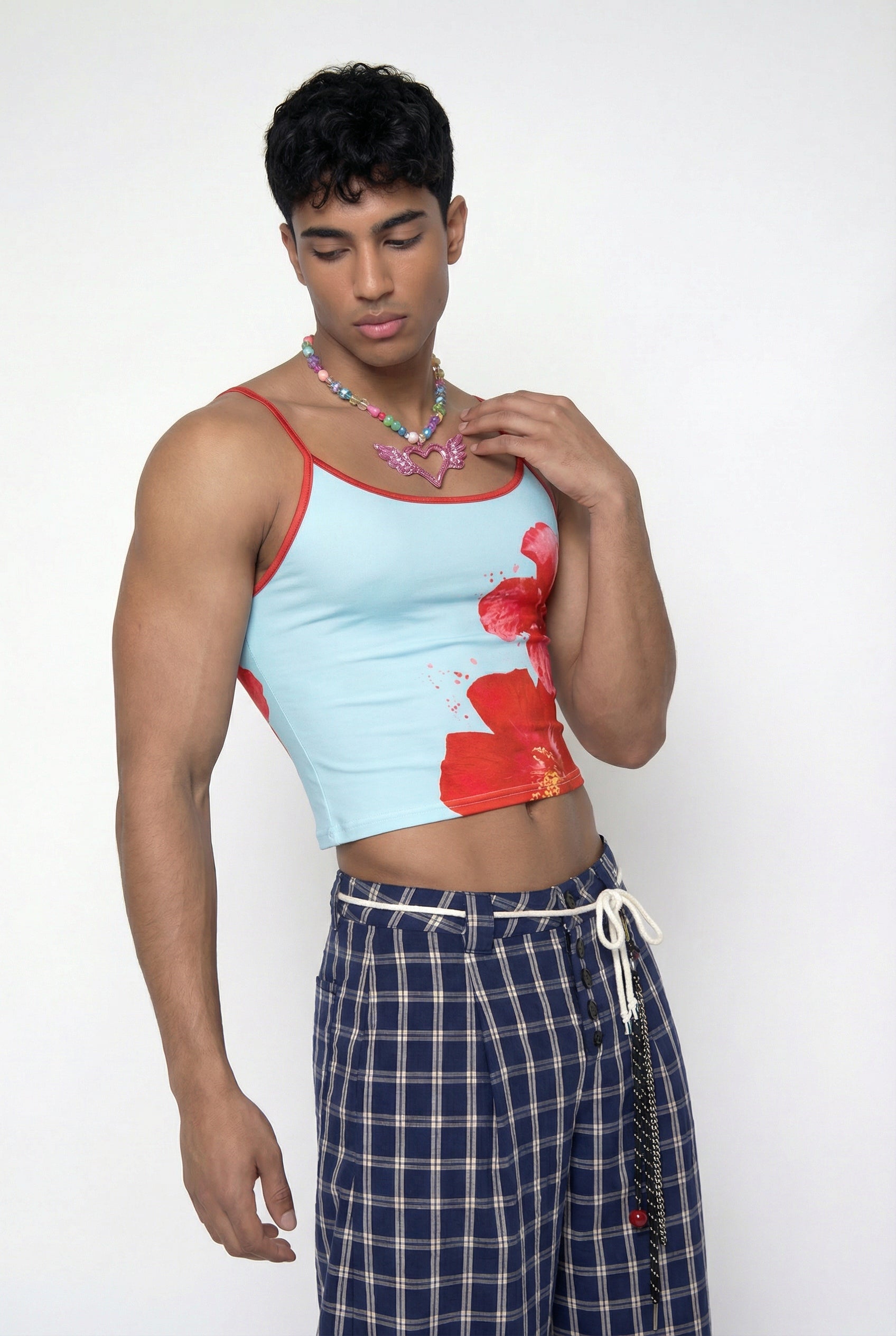 Soft Pattern Floral Print Spaghetti Crop Top Blue