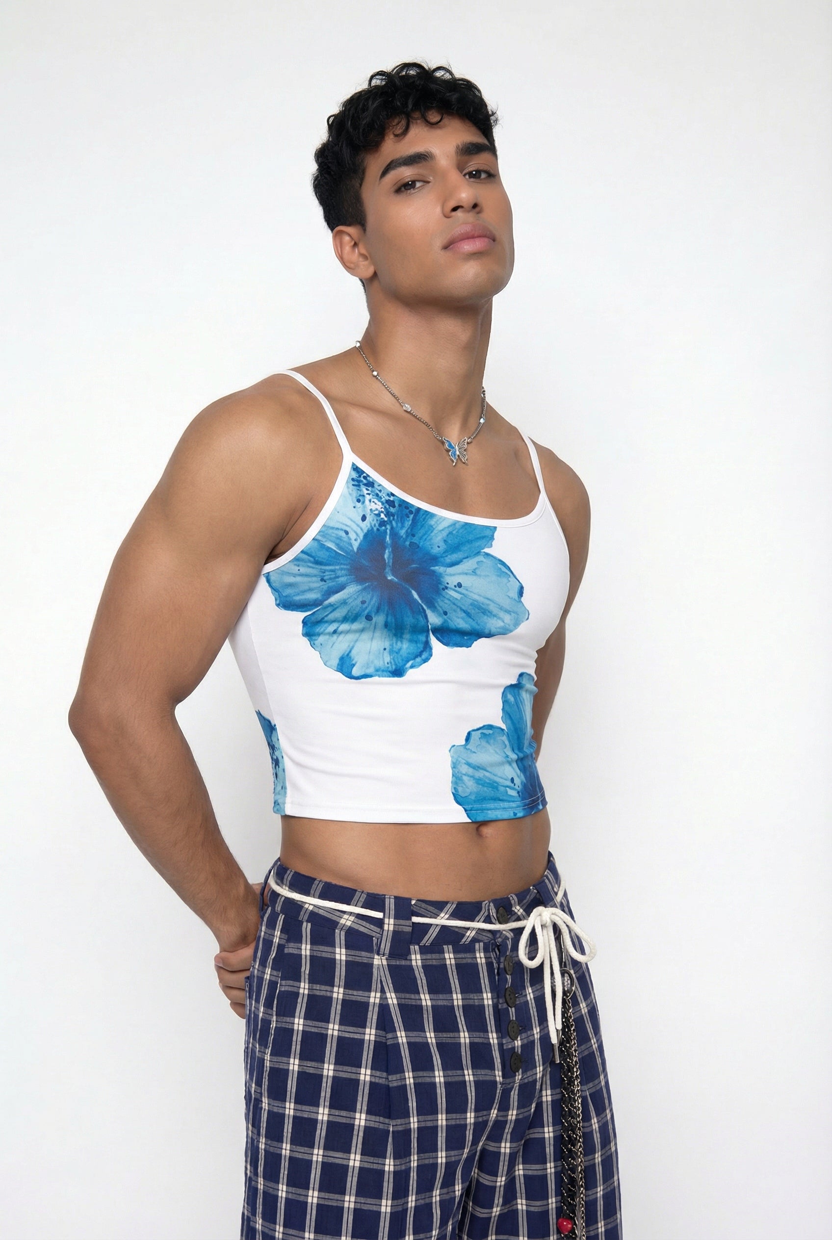 Soft Pattern Floral Print Spaghetti Crop Top White