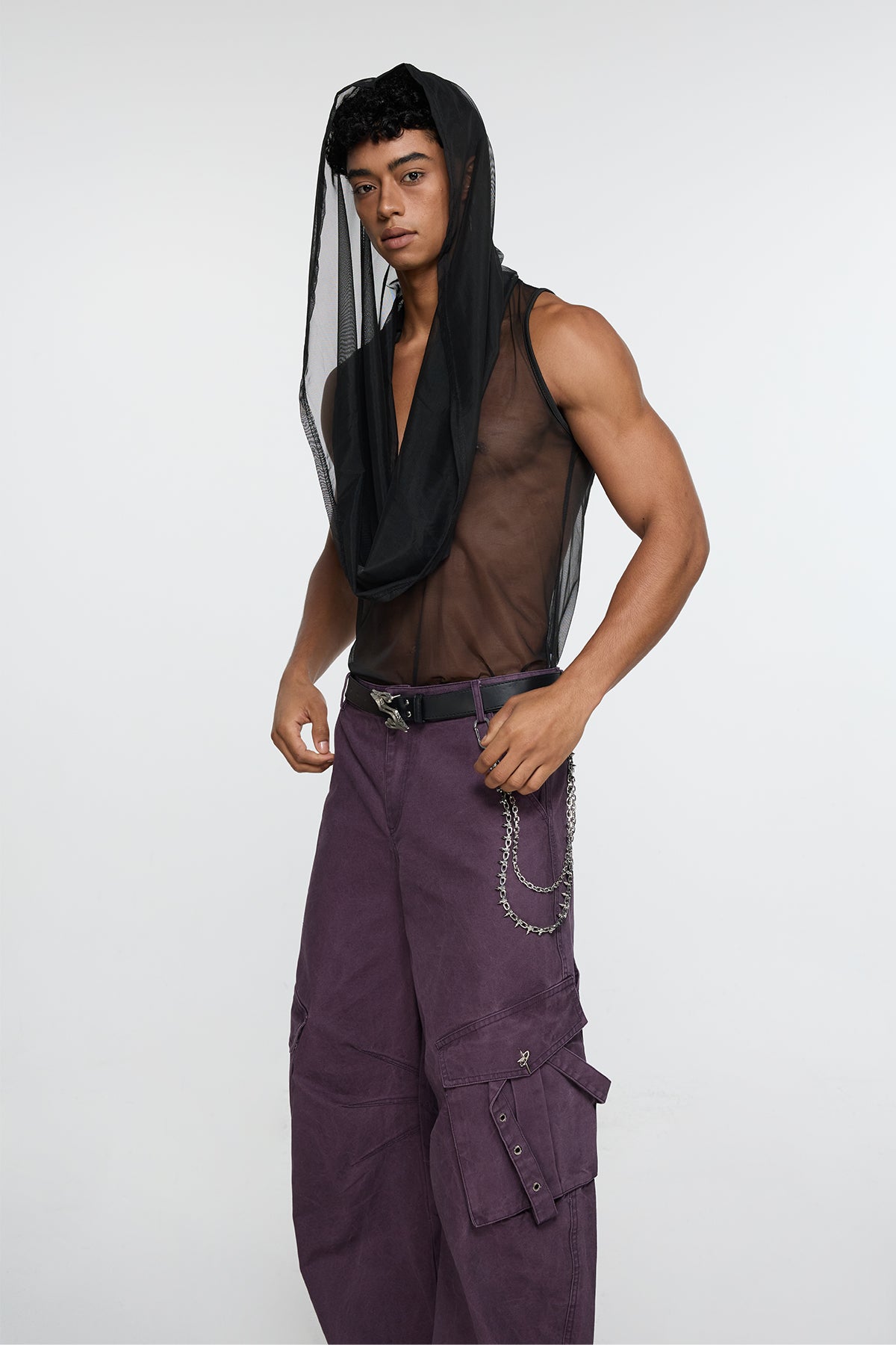 Solid Breath Cowl Neck Mesh Top