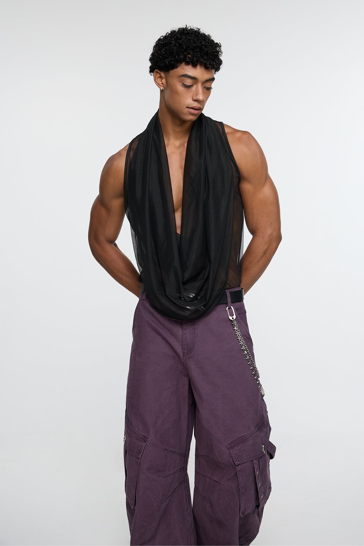 Solid Breath Cowl Neck Mesh Top