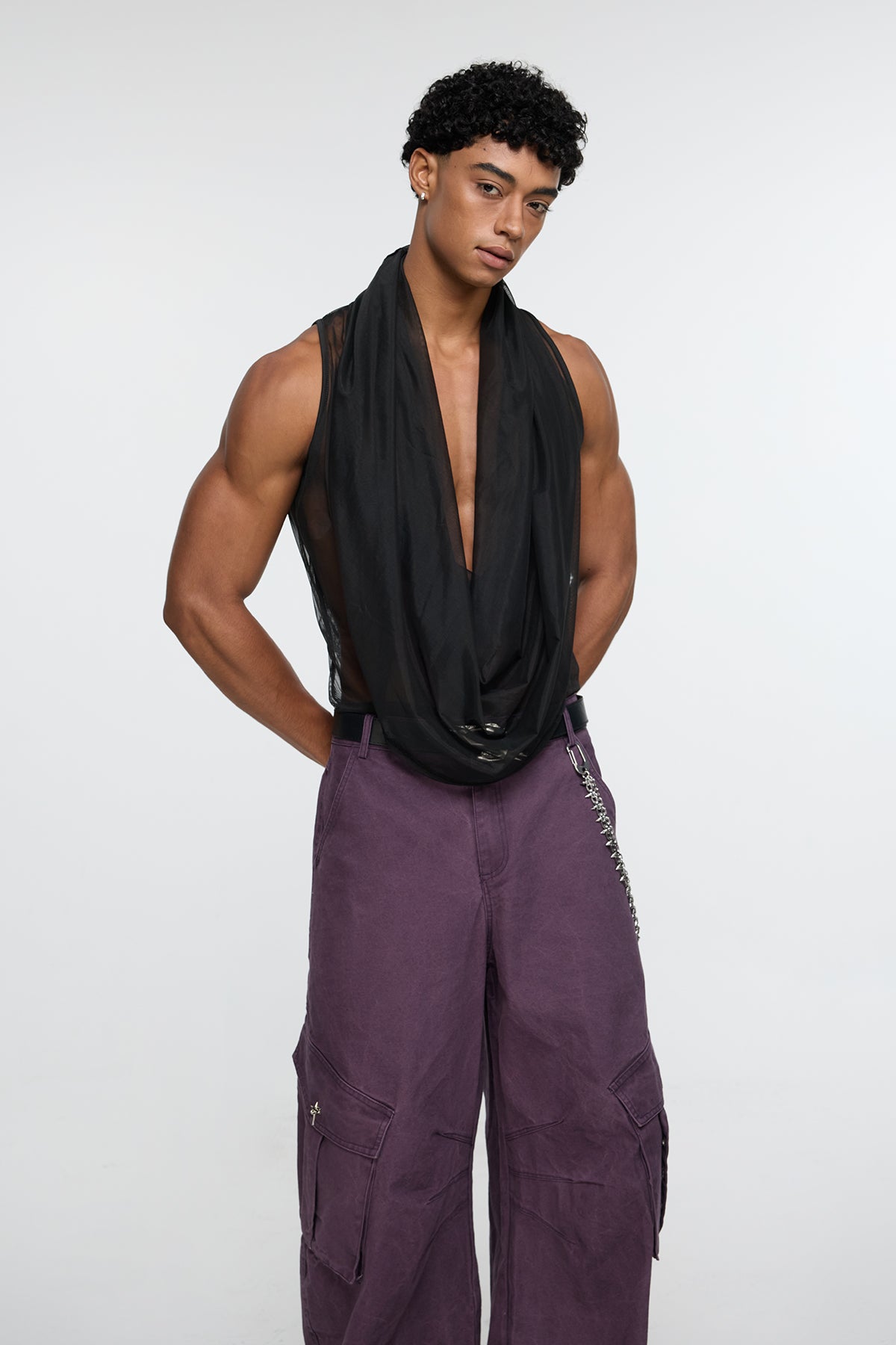 Solid Breath Cowl Neck Mesh Top
