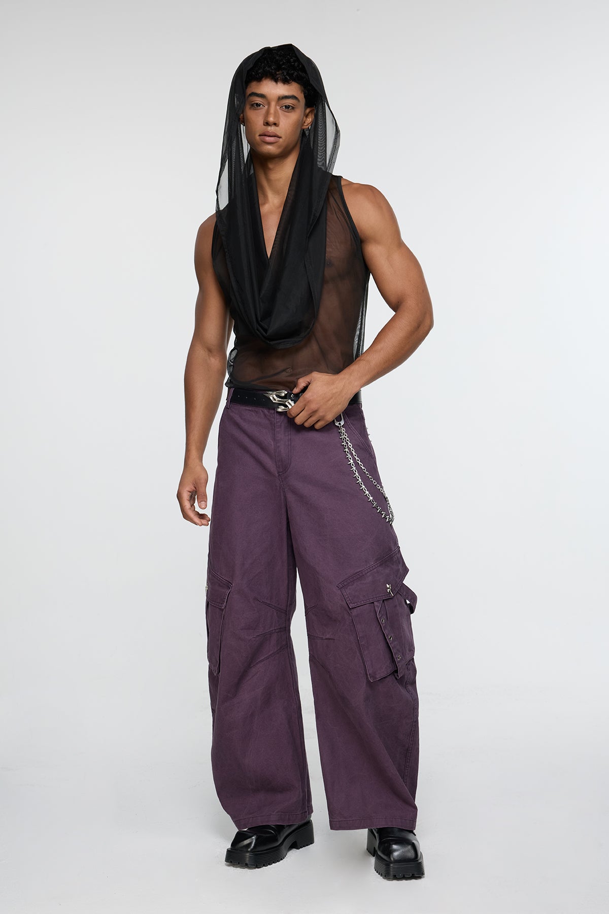 Solid Breath Cowl Neck Mesh Top