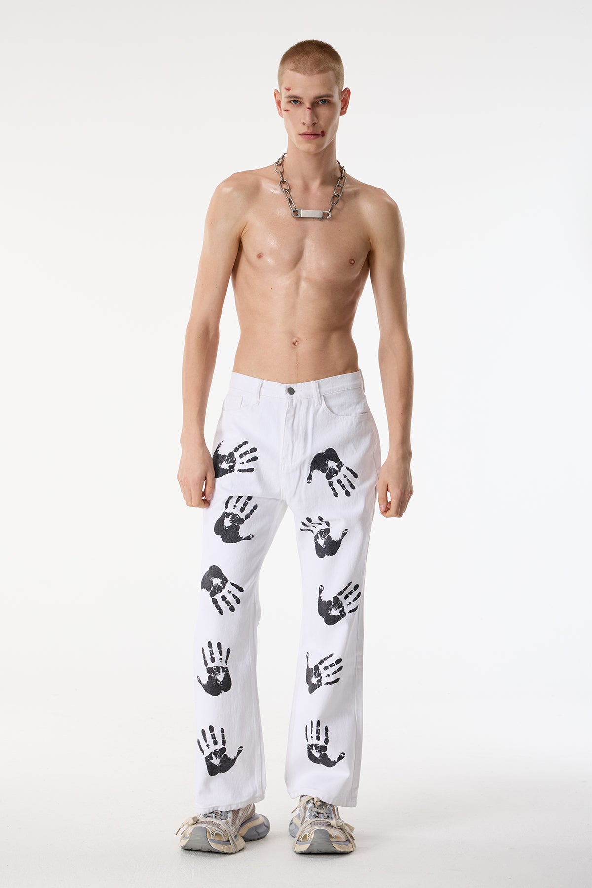 Split Loop Palm Print Straight Pants