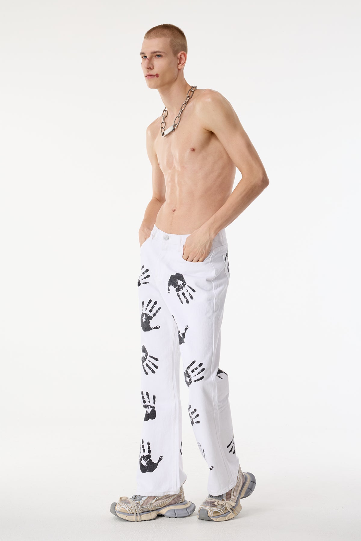 Split Loop Palm Print Straight Pants