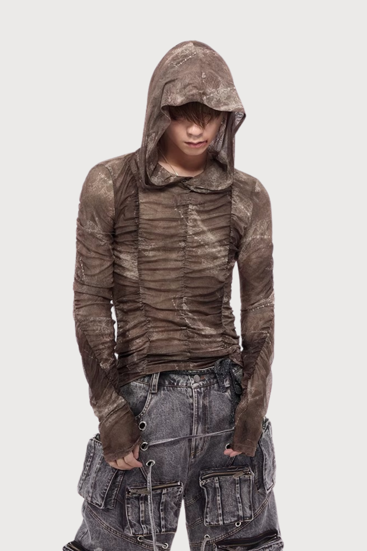 Split Shell Long Sleeve Pleated Mesh Hoodie