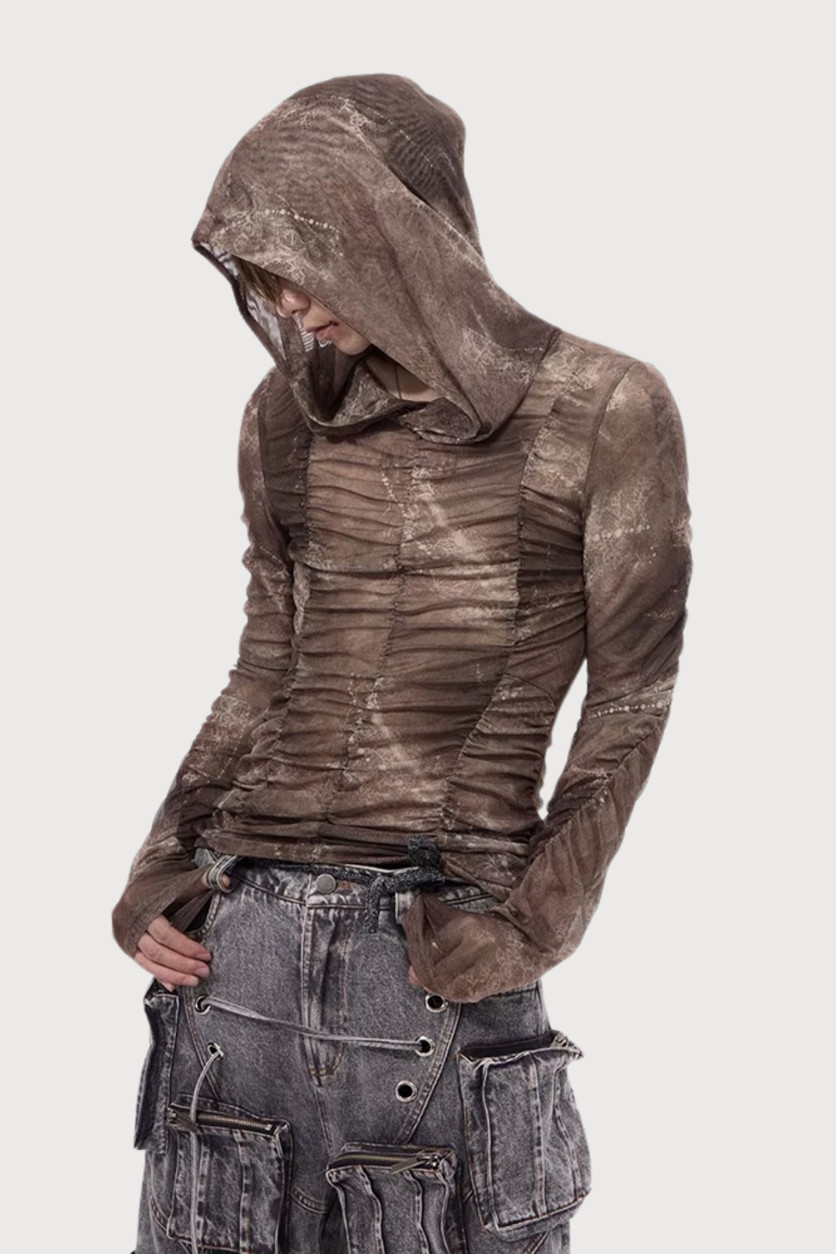 Split Shell Long Sleeve Pleated Mesh Hoodie