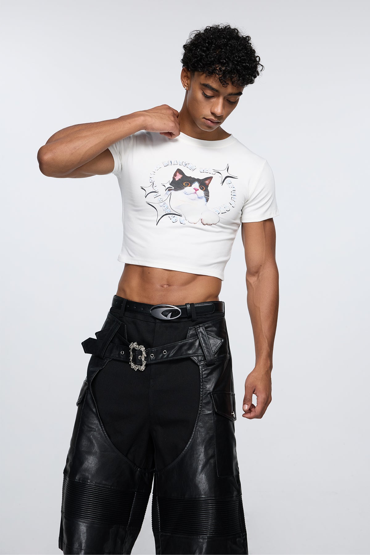Split Spine Cat Print Crop Top