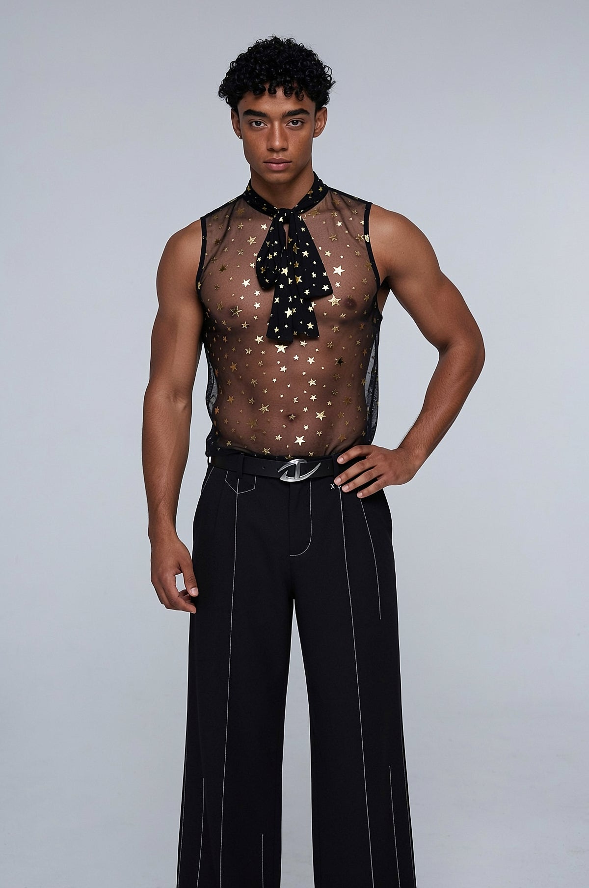 Split System Sleeveless Mesh Star Print Top