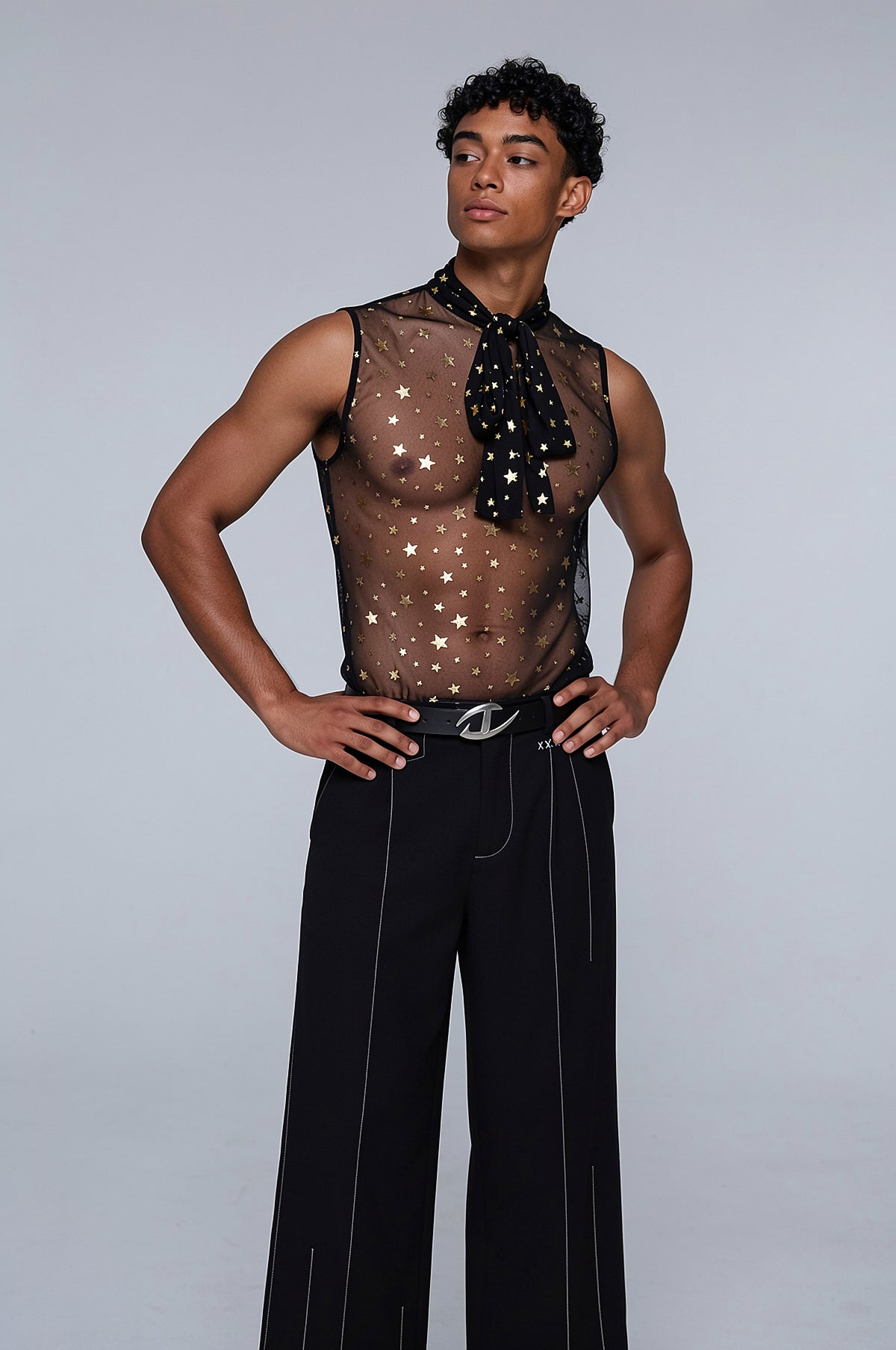Split System Sleeveless Mesh Star Print Top