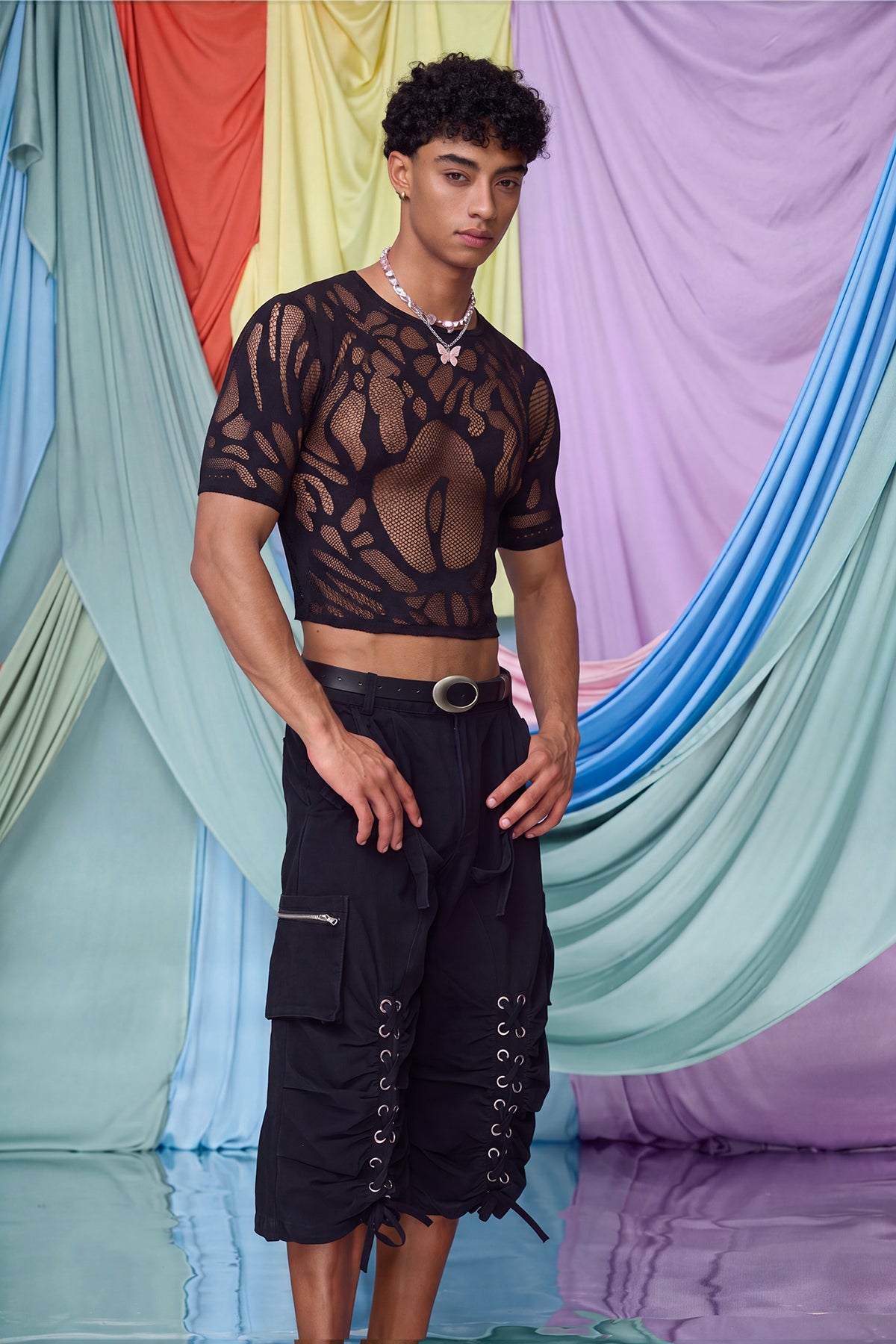 Static Knit Short Sleeve Cutout Top Black