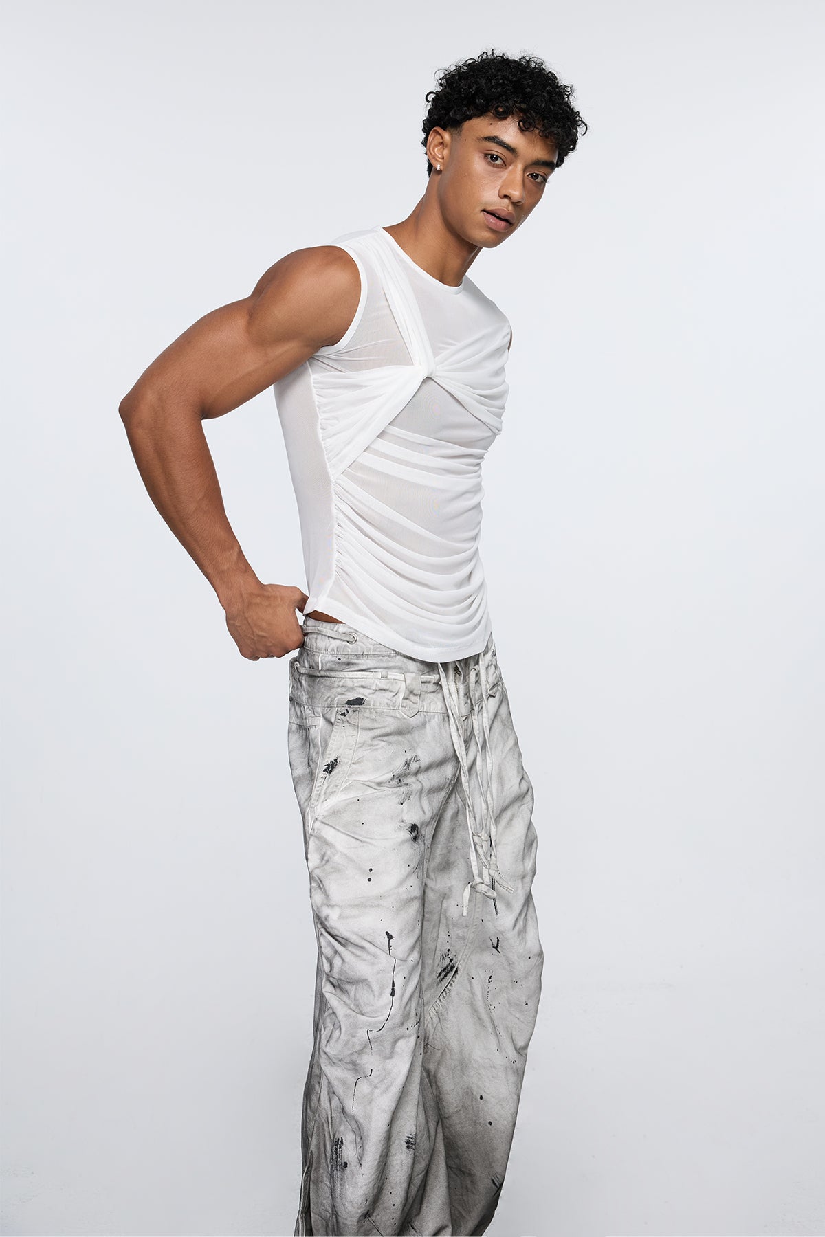 Static Pore Sleeveless Ruched Mesh Top White
