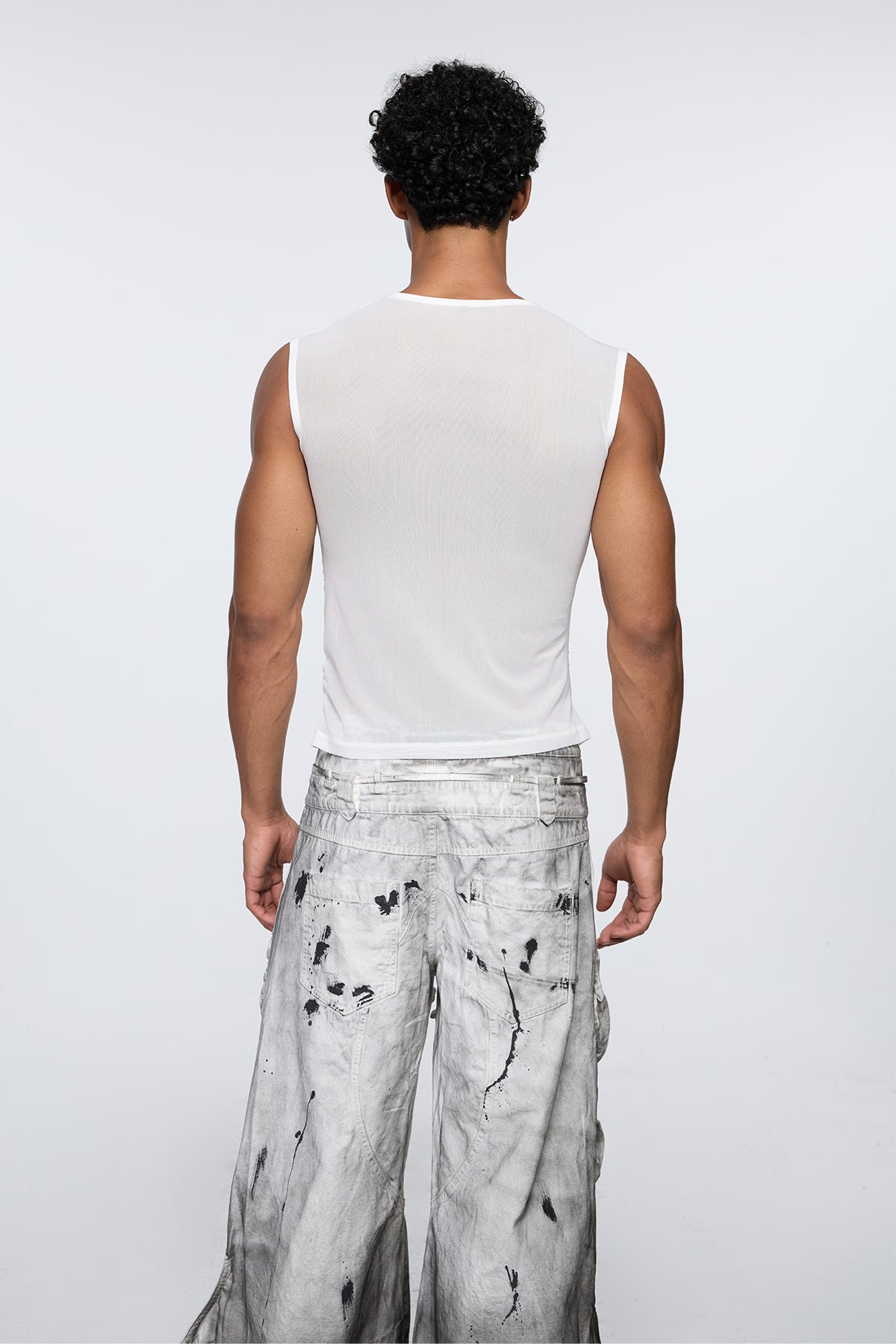 Static Pore Sleeveless Ruched Mesh Top White