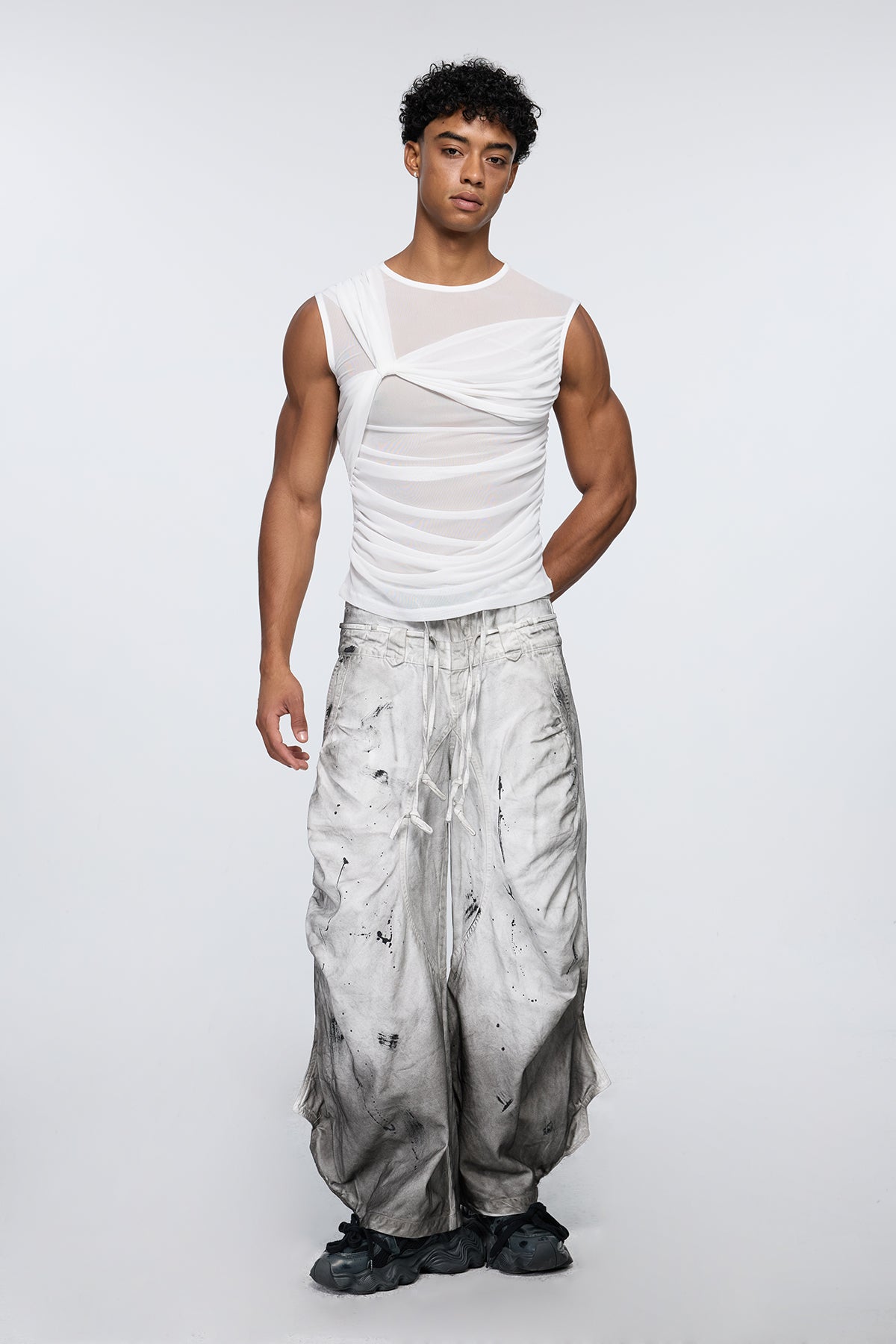 Static Pore Sleeveless Ruched Mesh Top White