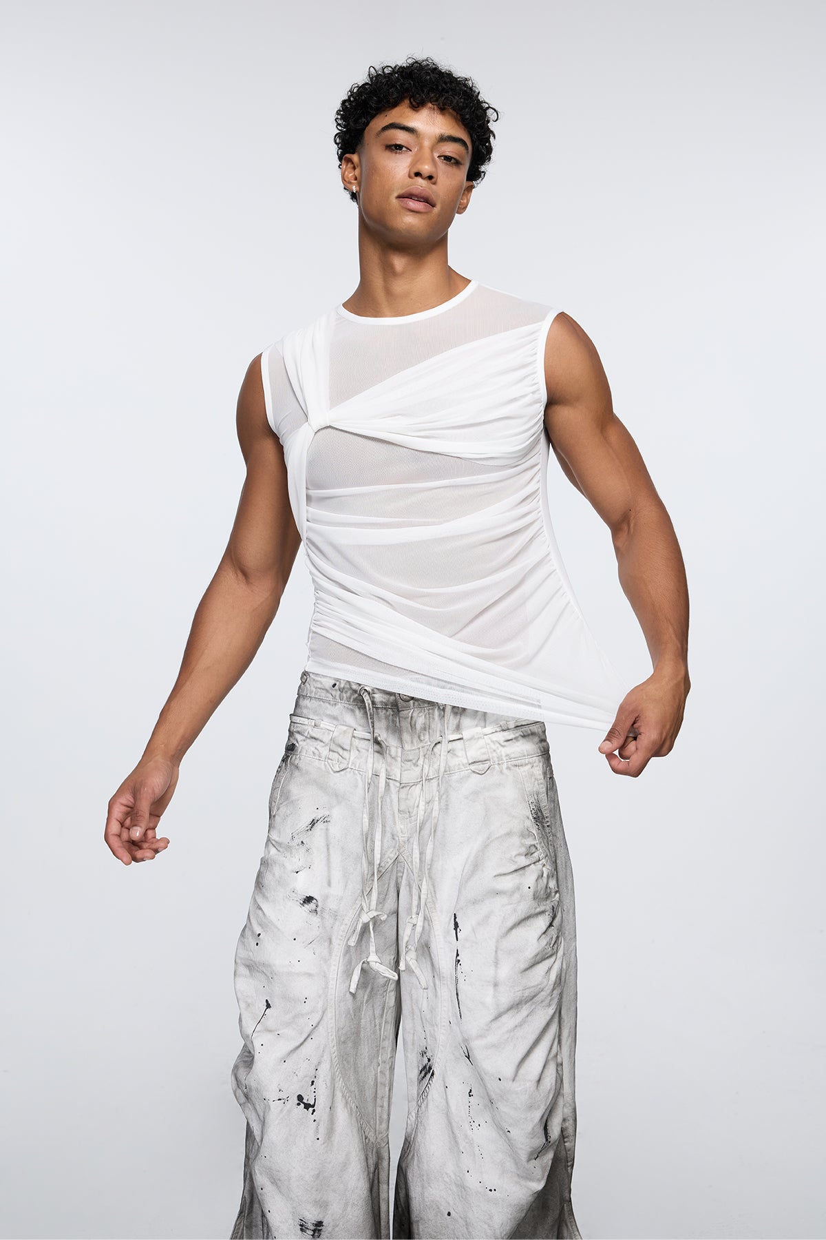 Static Pore Sleeveless Ruched Mesh Top White