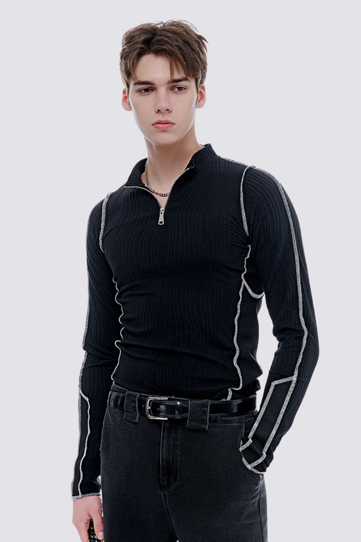 Steel Ghost Zipper Long Sleeve Top Black