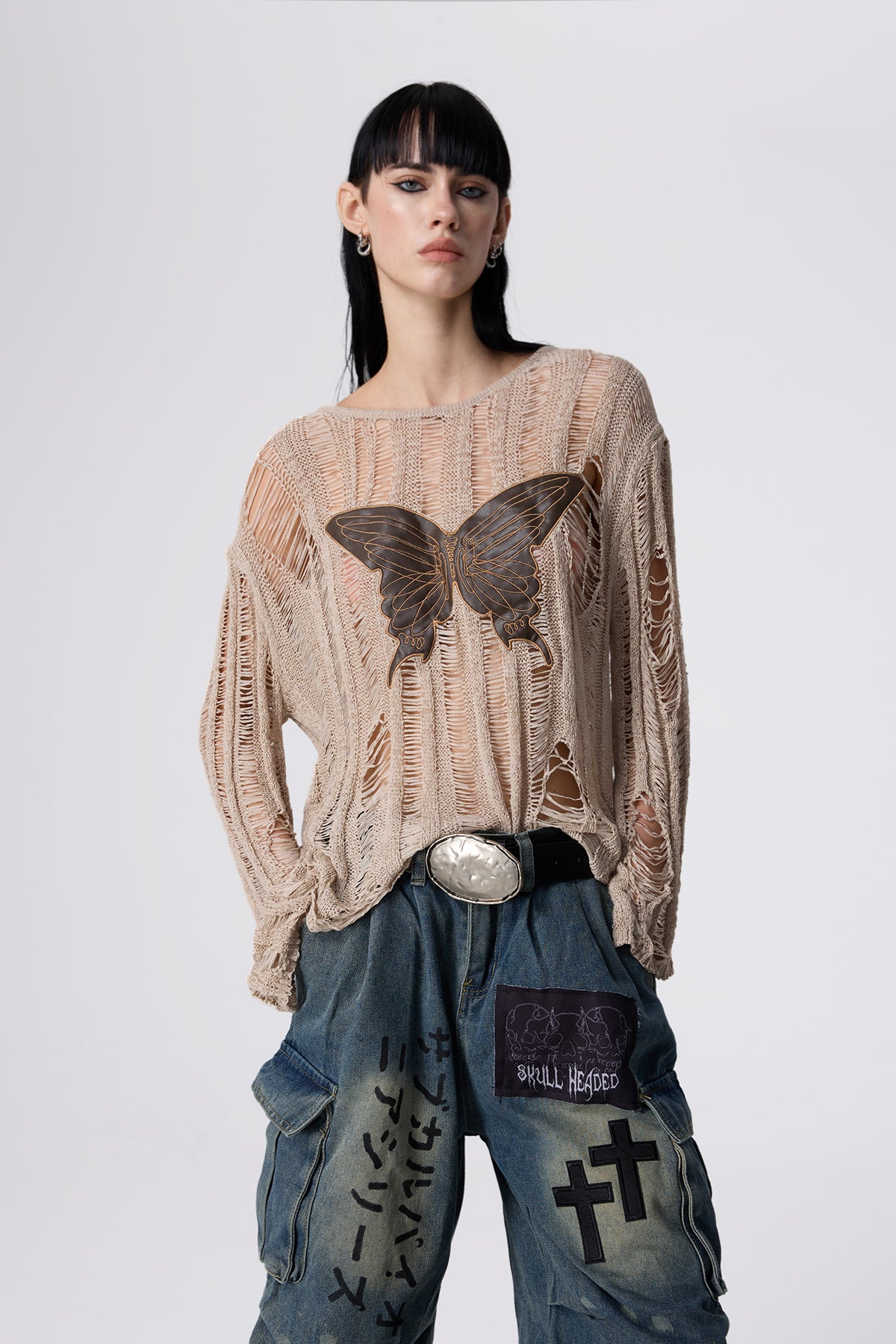 Stitch Ease Butterfly Embroidered Top Apricot