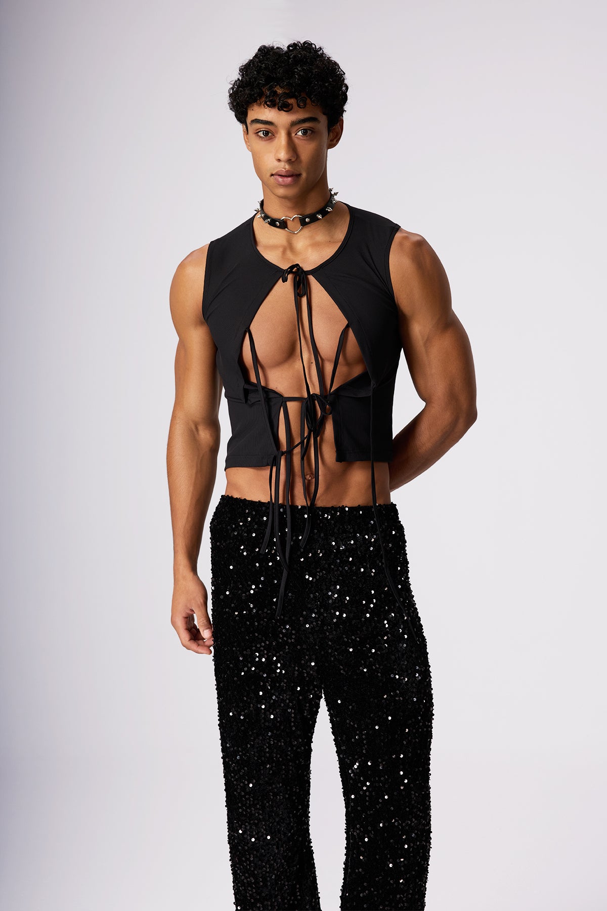 Stone Motion Lace Up Sleeveless Top Black