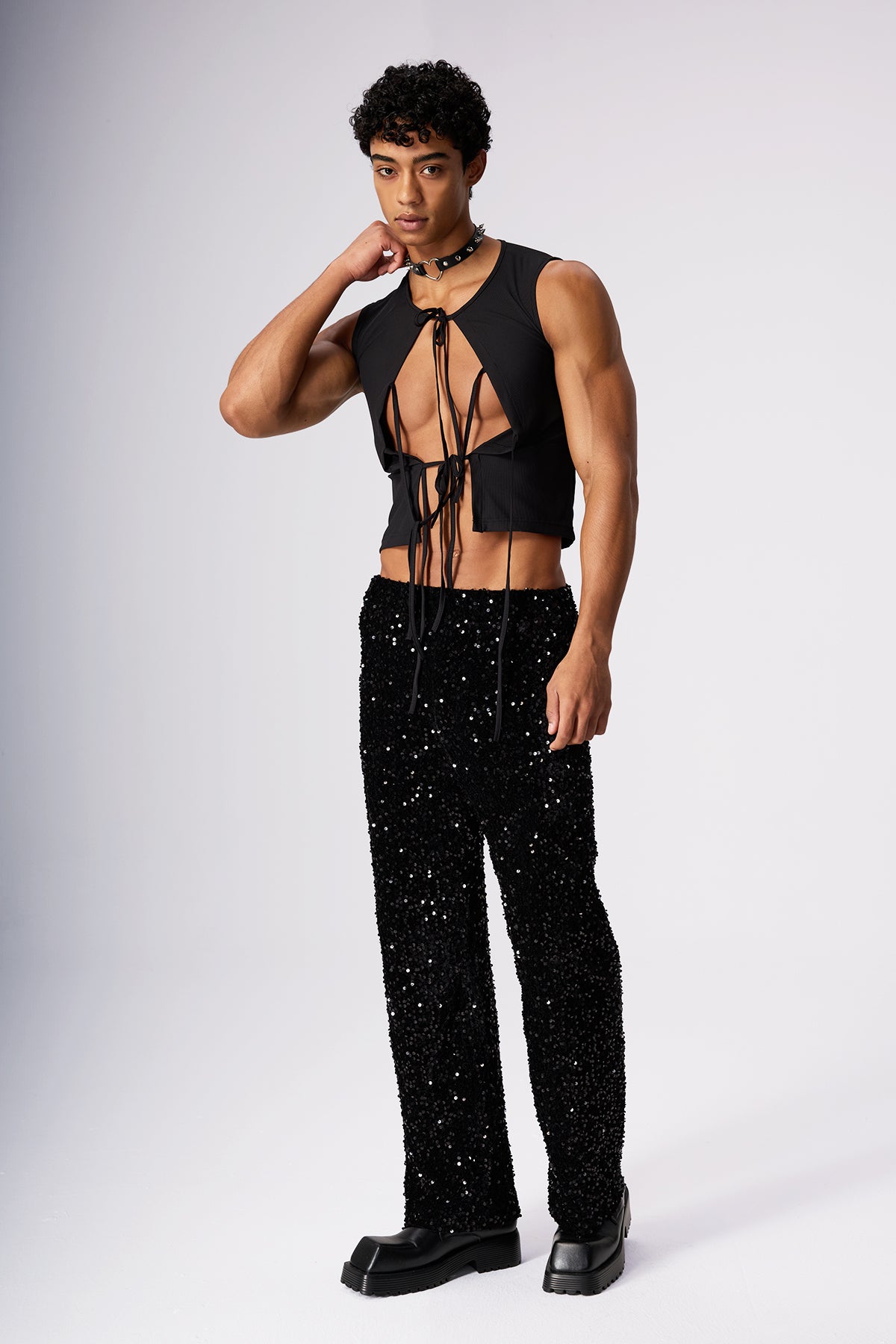 Stone Motion Lace Up Sleeveless Top Black