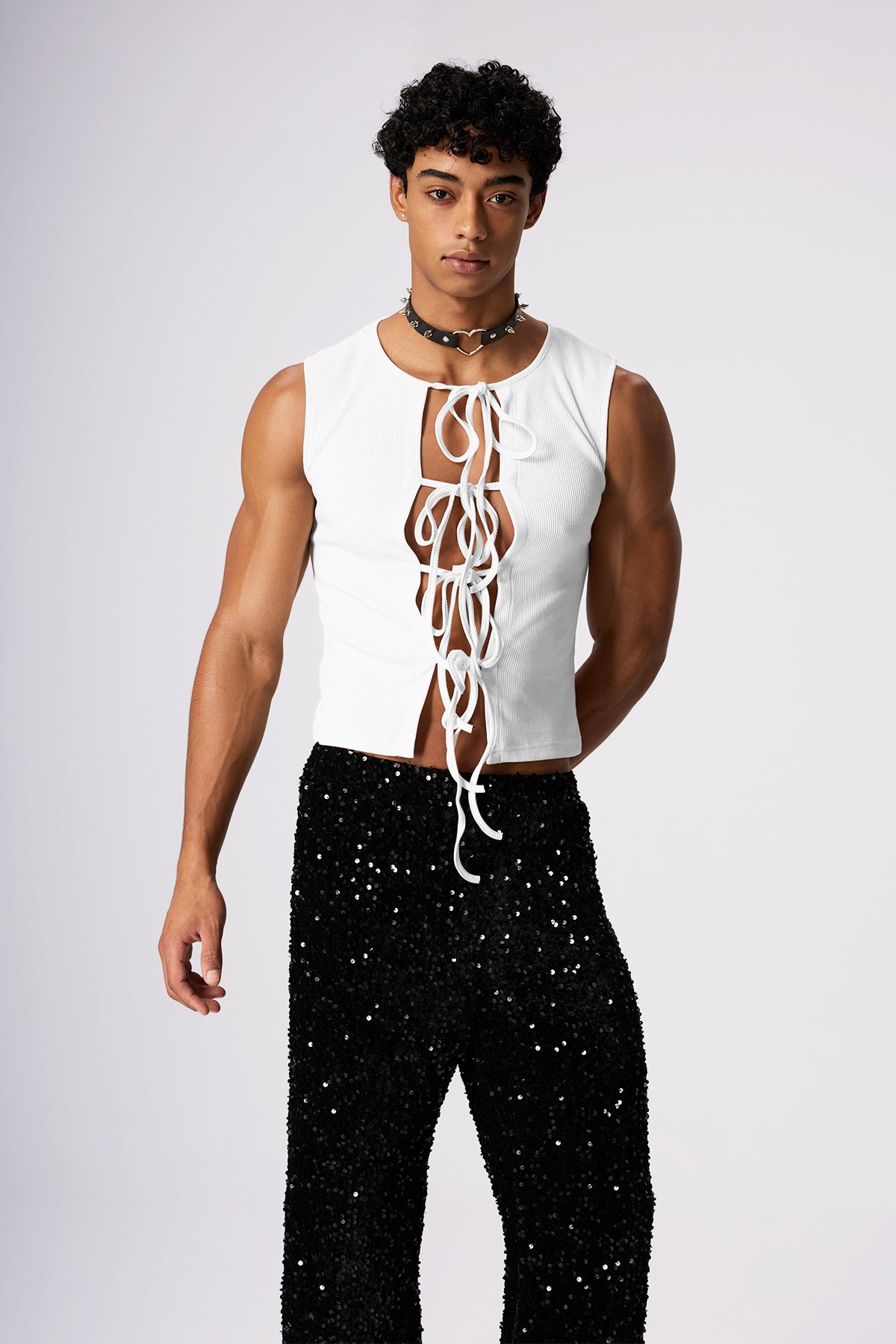 Stone Motion Lace Up Sleeveless Top White