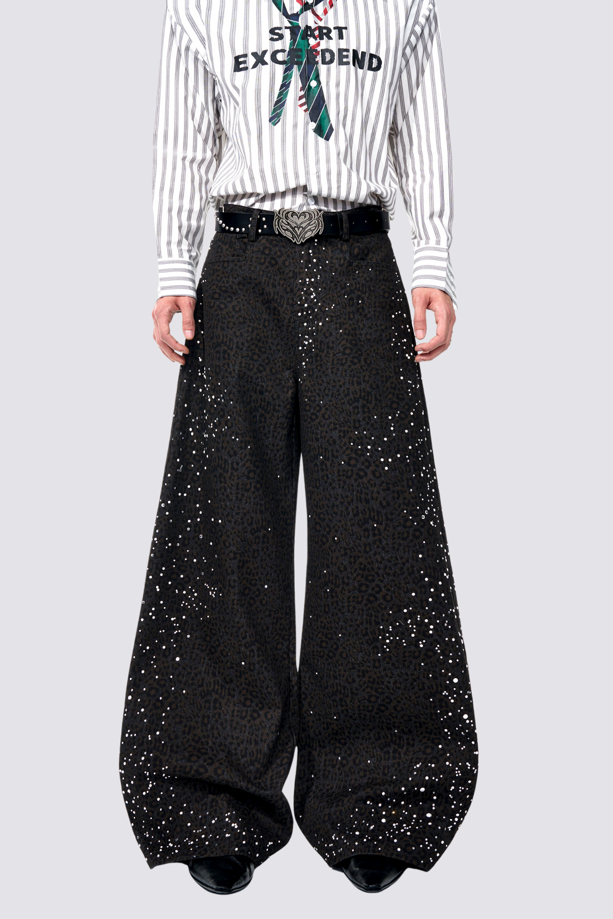 Storm Track Leopard Print Rhinestone Wide Leg Pants