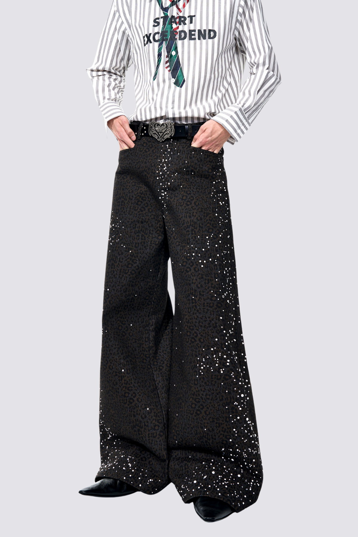 Storm Track Leopard Print Rhinestone Wide Leg Pants